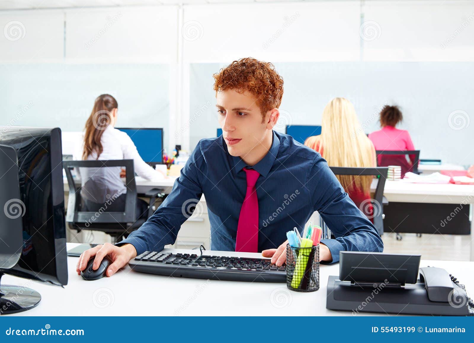 Executive Young Businessman with Computer Desk Stock Image Image of