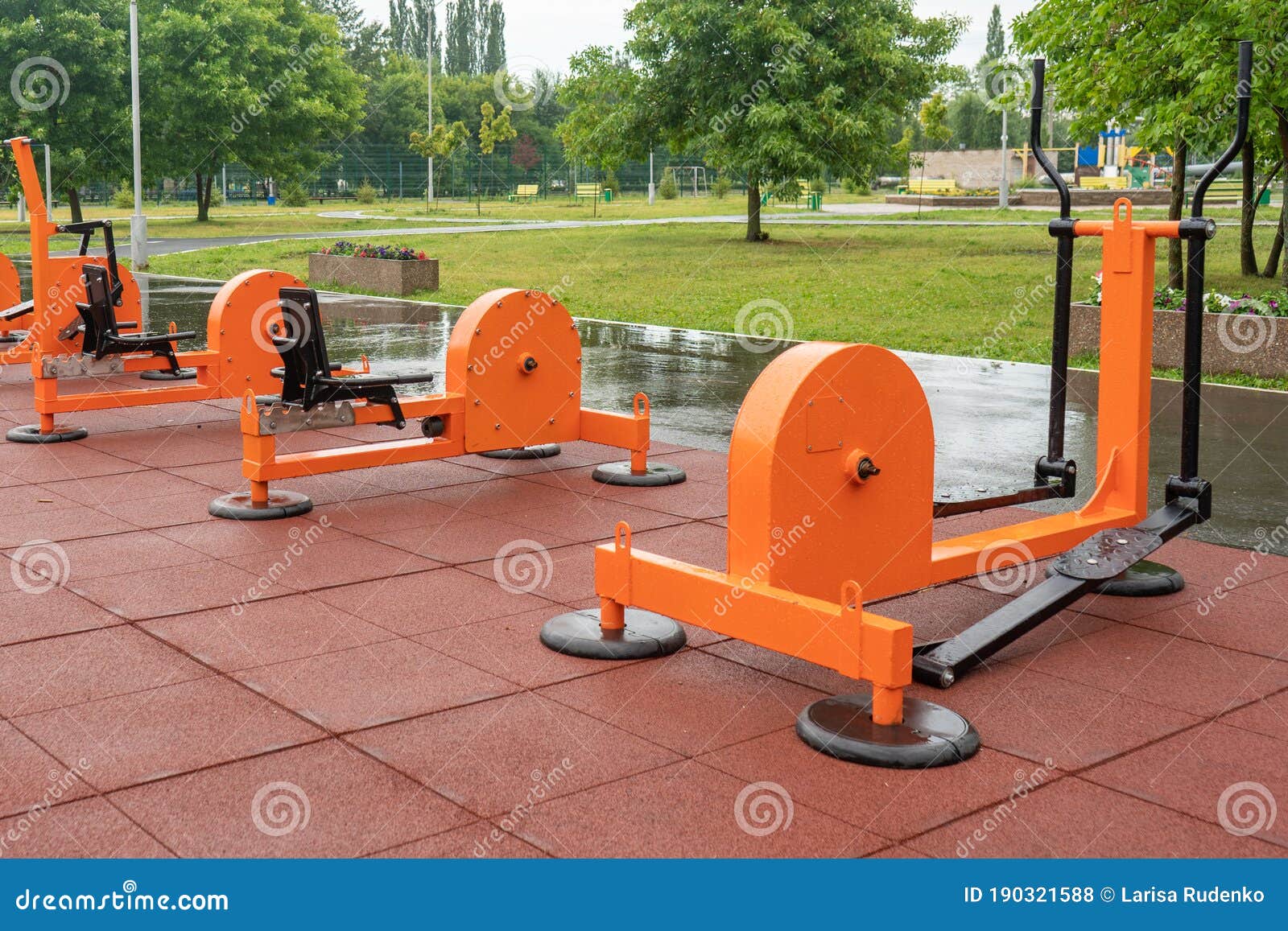 Exercise Equipment in a Public Park after the Rain Stock Photo Image