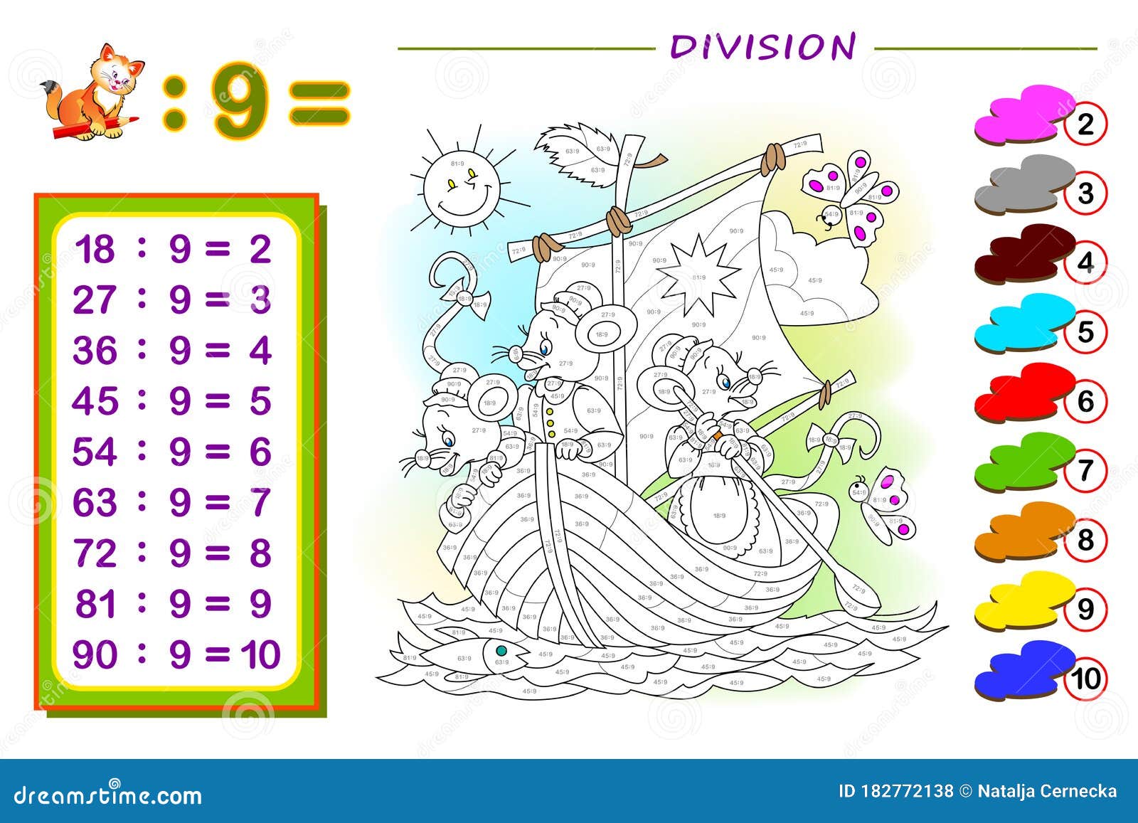 Download Exercise For Kids With Division By Number 9 Paint The Illustration Educational Page For Mathematics Baby Book Printable Stock Vector Illustration Of Educational Outline 182772138