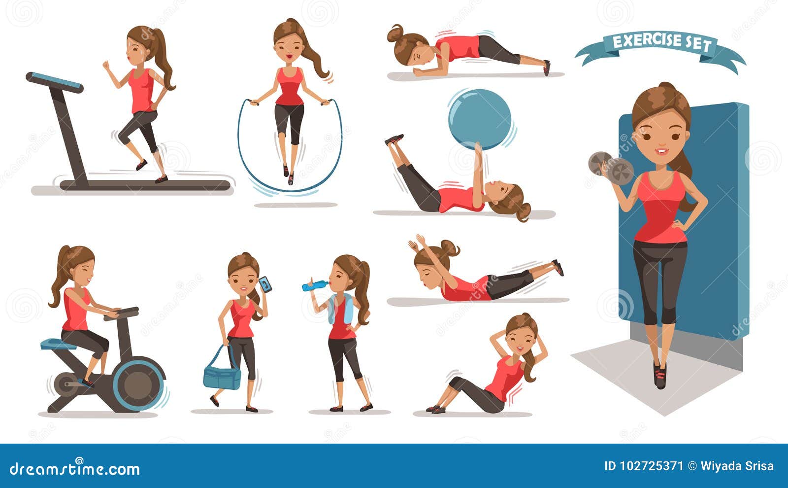 Full body workout set. Exercise for woman. Illustration about life