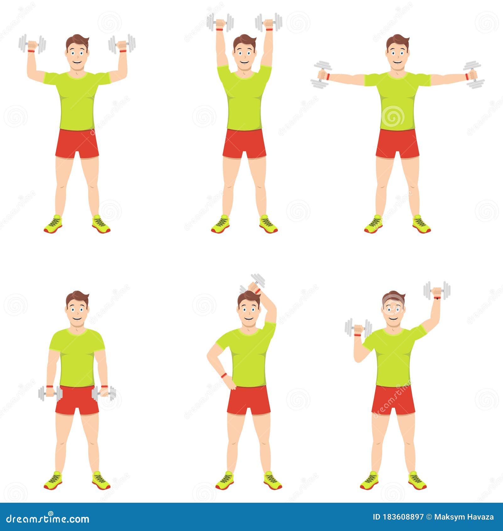 Exercises at Home. Young Handsome Guy Does Exercises with Dumbbells on Different Groups of Arm Muscles Stock Vector Illustration of happy happiness 183608897