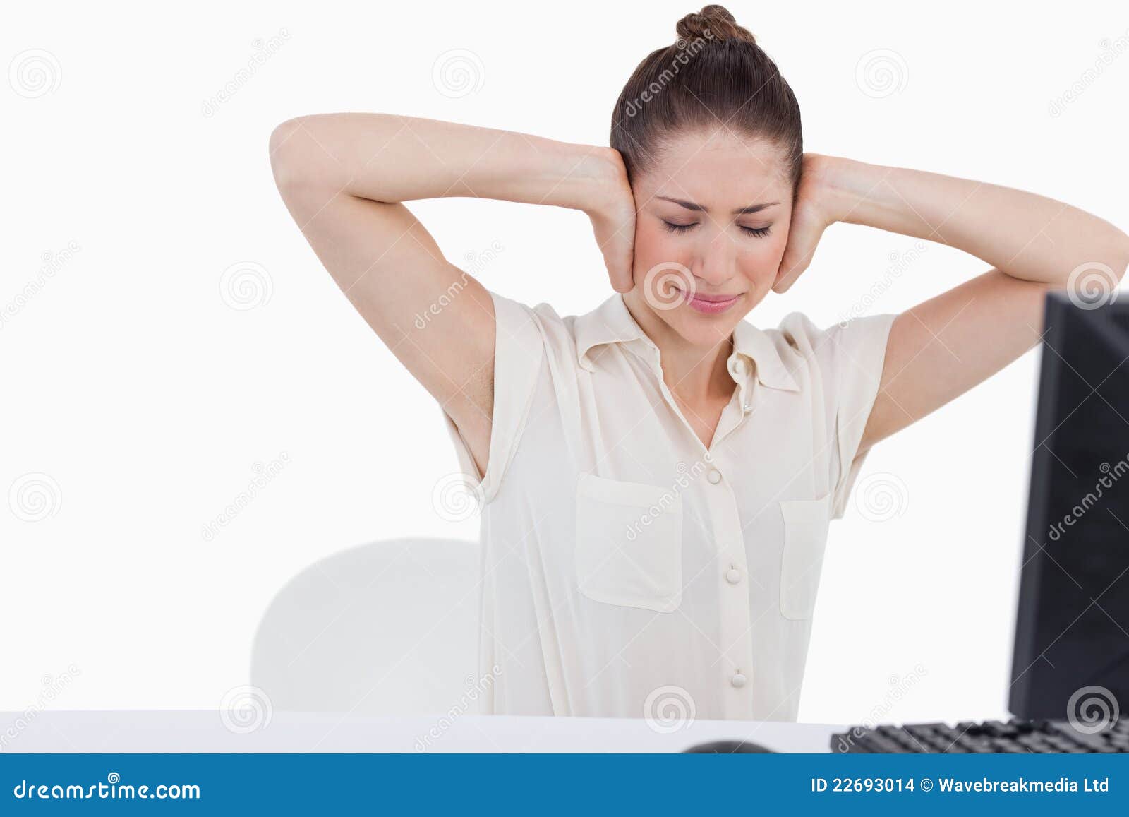 Exhausted Businesswoman Having a Headache while Using a Computer Stock