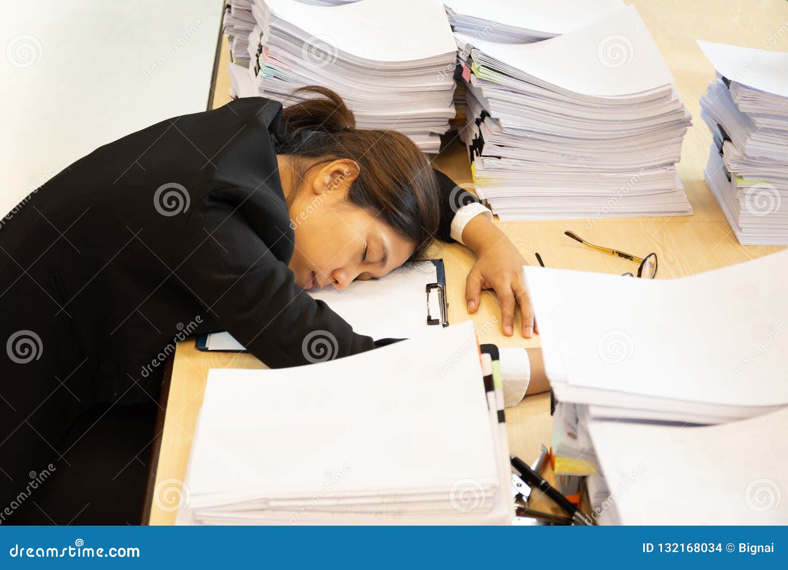 Exhausted Woman Have Lot Of Work With Documents Fall Asleep On