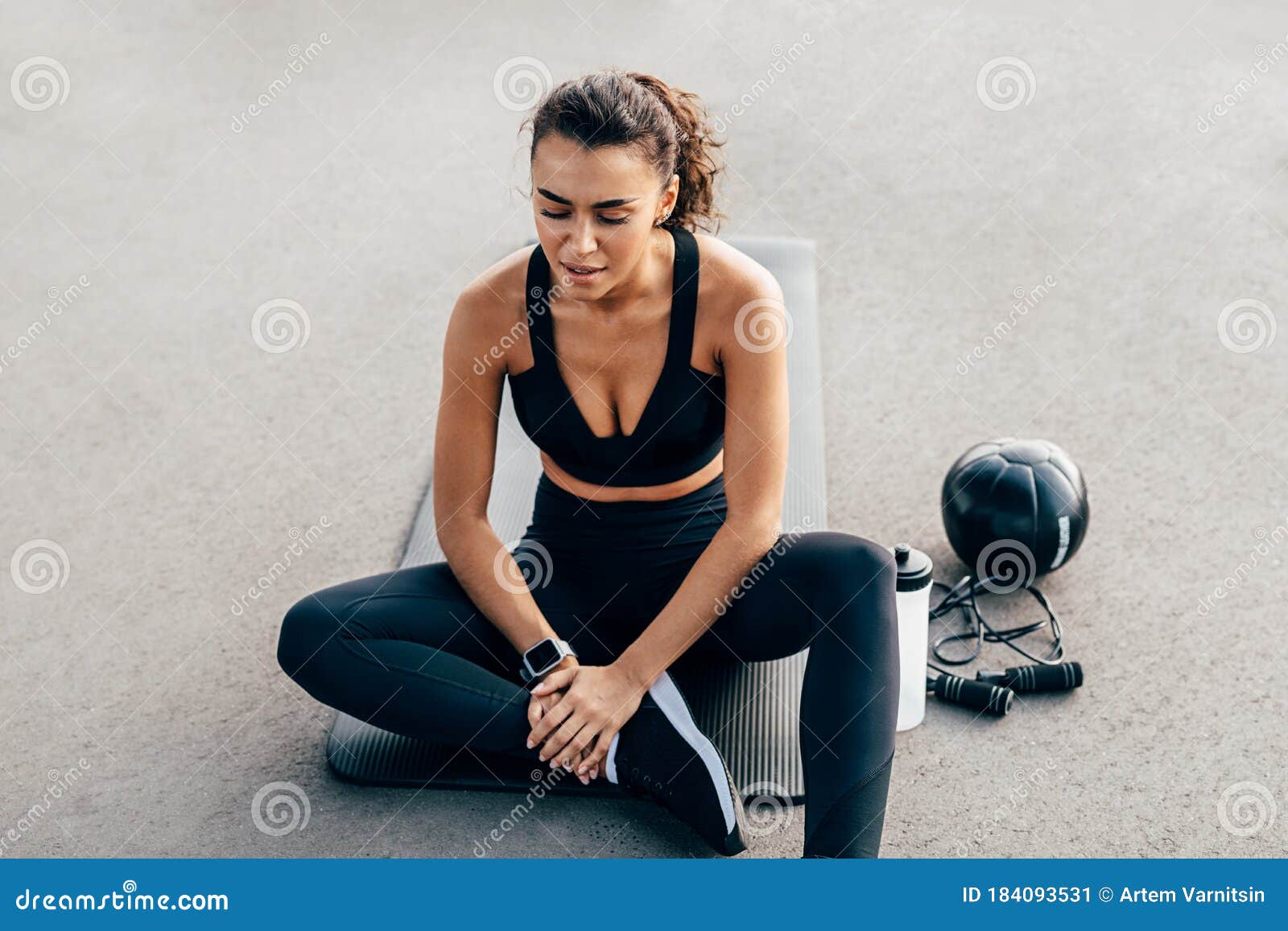 Exhausted Woman Resting after an Intense Workout on a Mat Stock Image ...