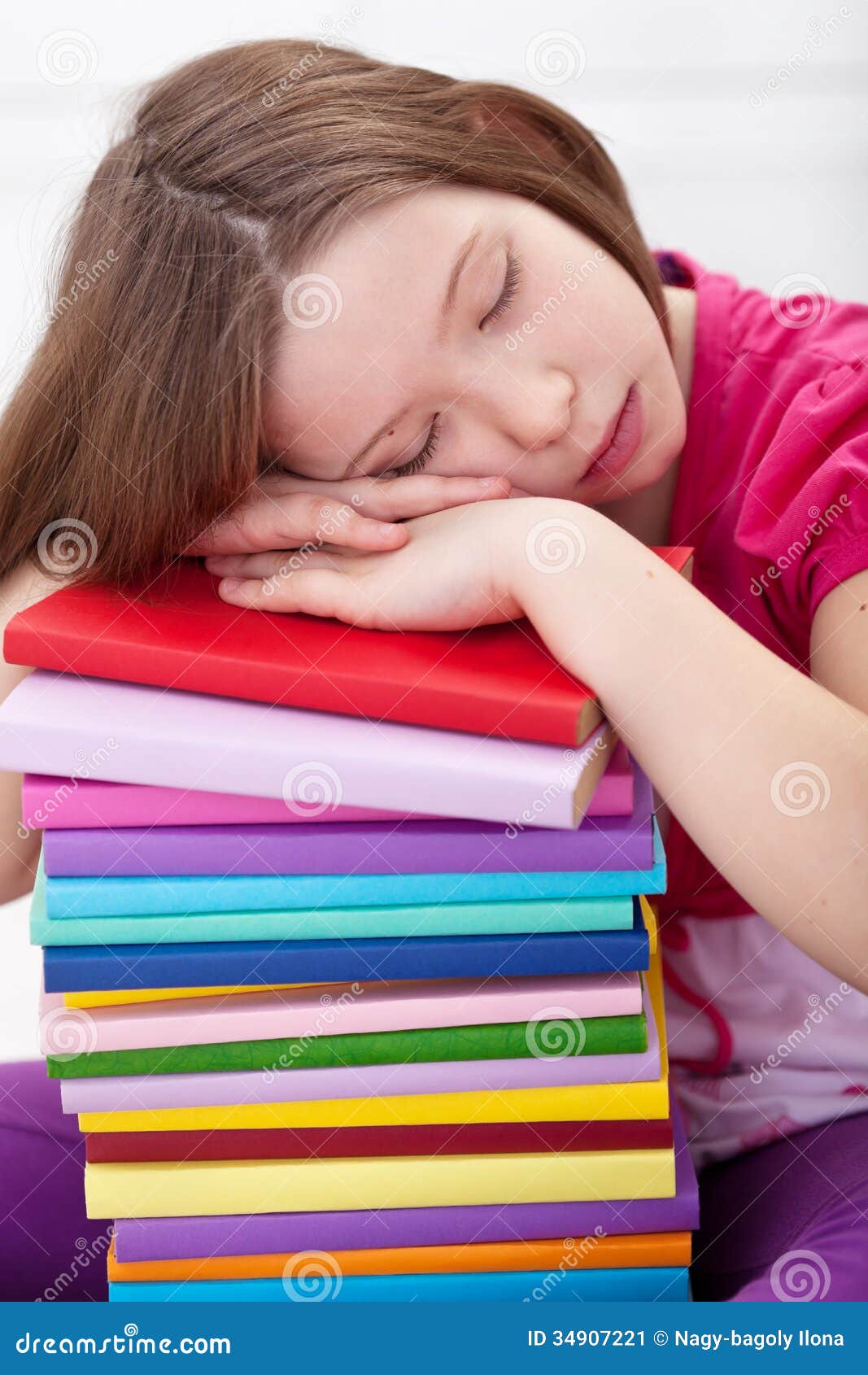 Exhausted Young Girl Asleep on Book Stack Stock Image Image of