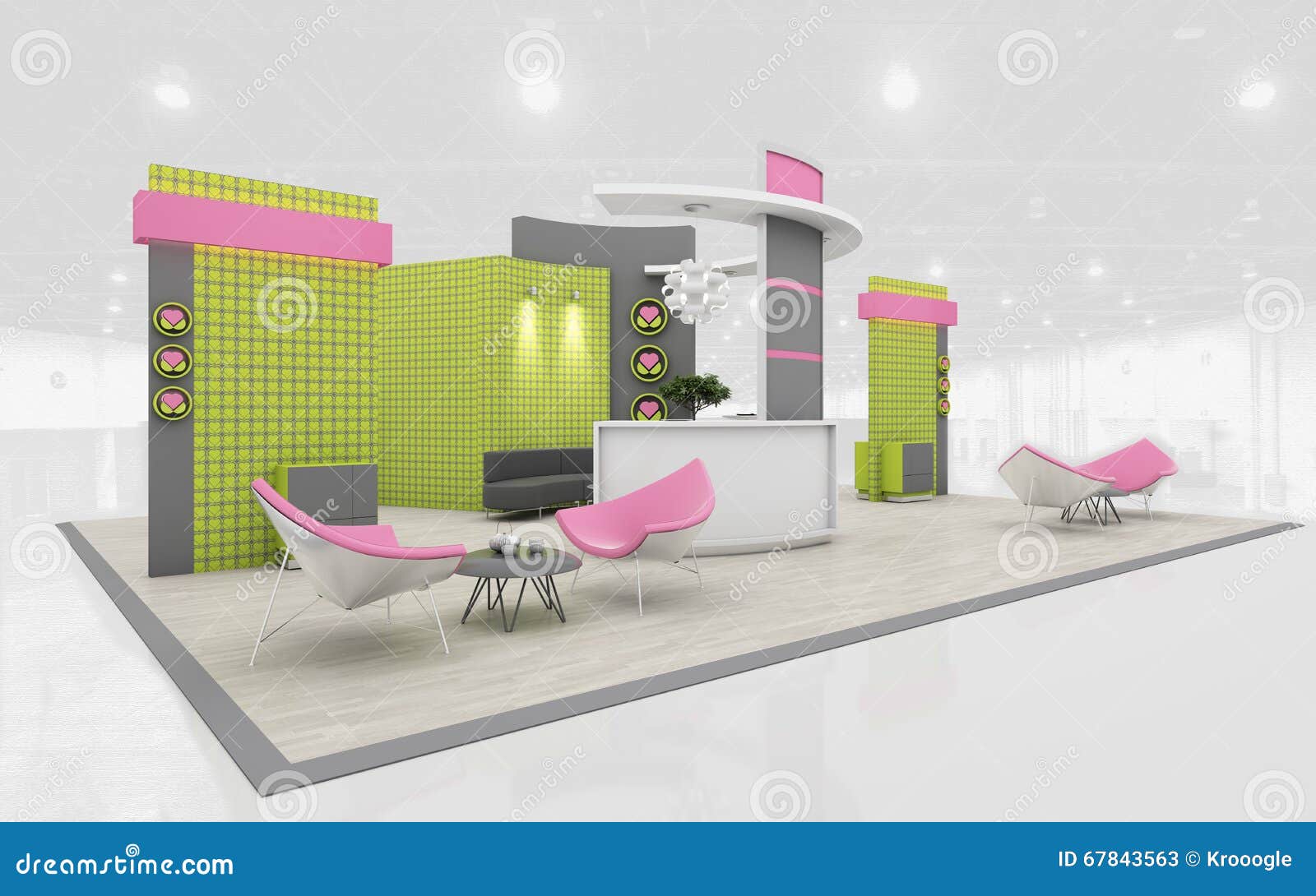 exhibition stand in green and pink colors 3d rendering