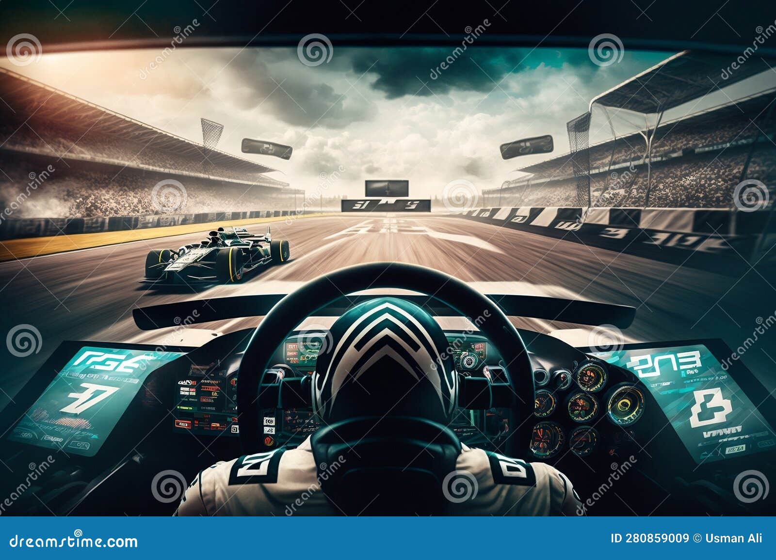 Exhilarating Race Track View Driver S Perspective with Massive Stands