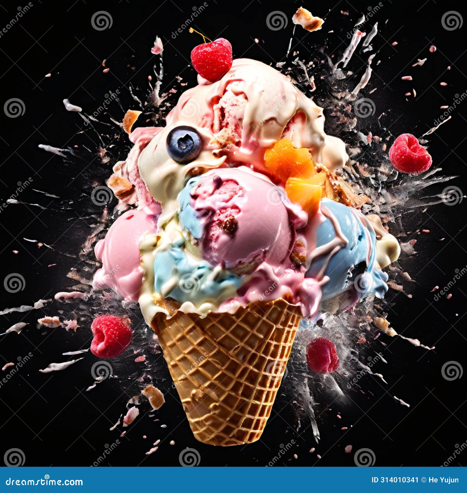 colorful ice cream extravaganza: an assortment of flavored scoops and fresh fruits