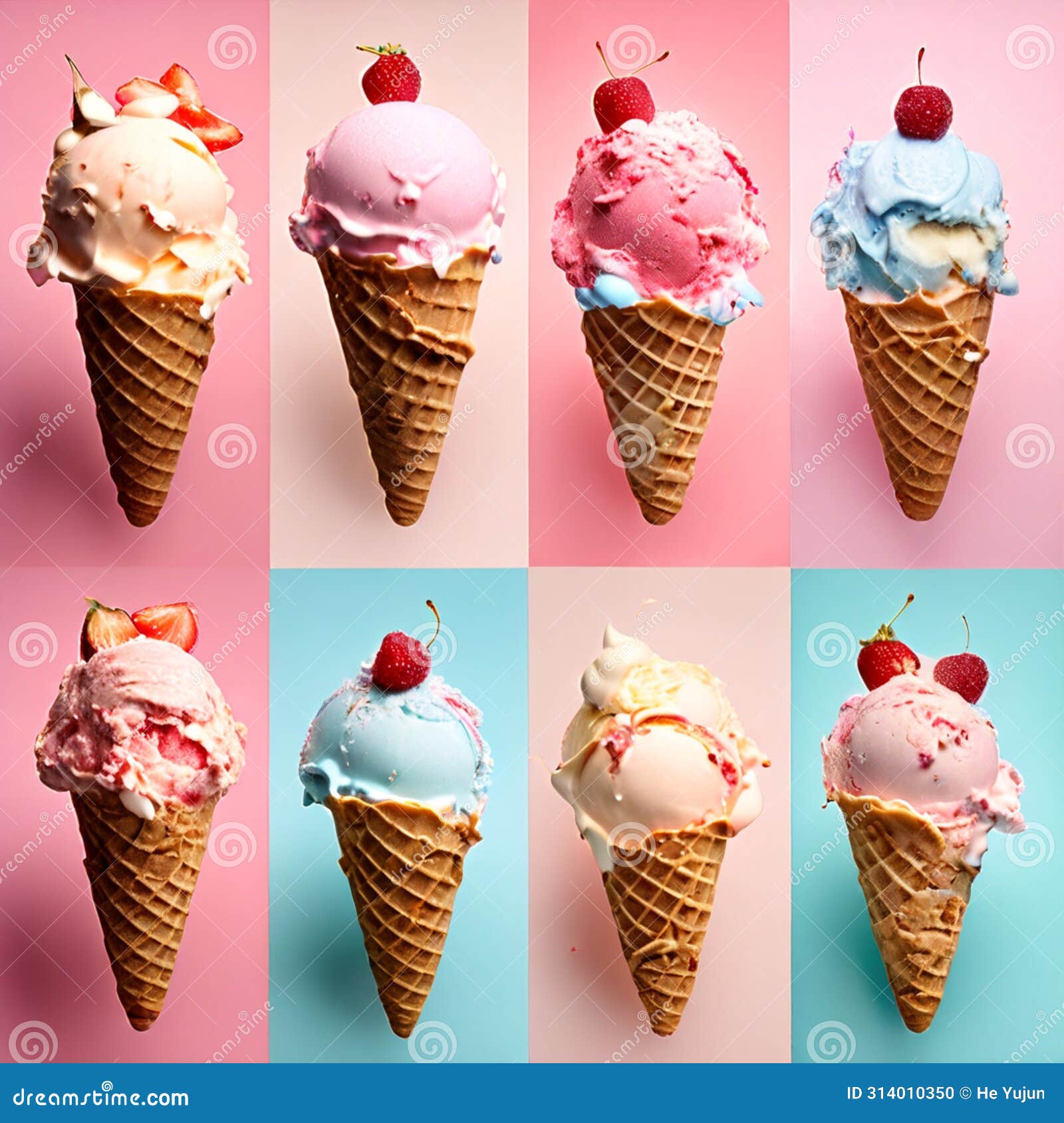 colorful ice cream extravaganza: an assortment of flavored scoops and fresh fruits