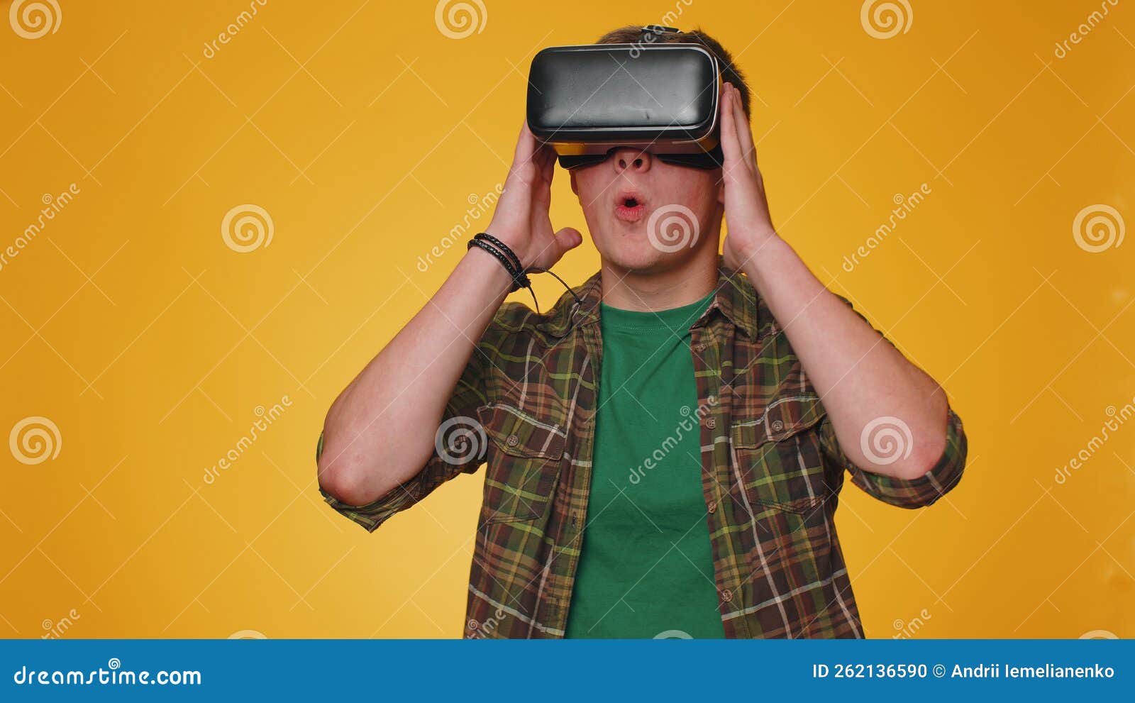 man using virtual reality futuristic technology vr headset helmet to play simulation 3d video game