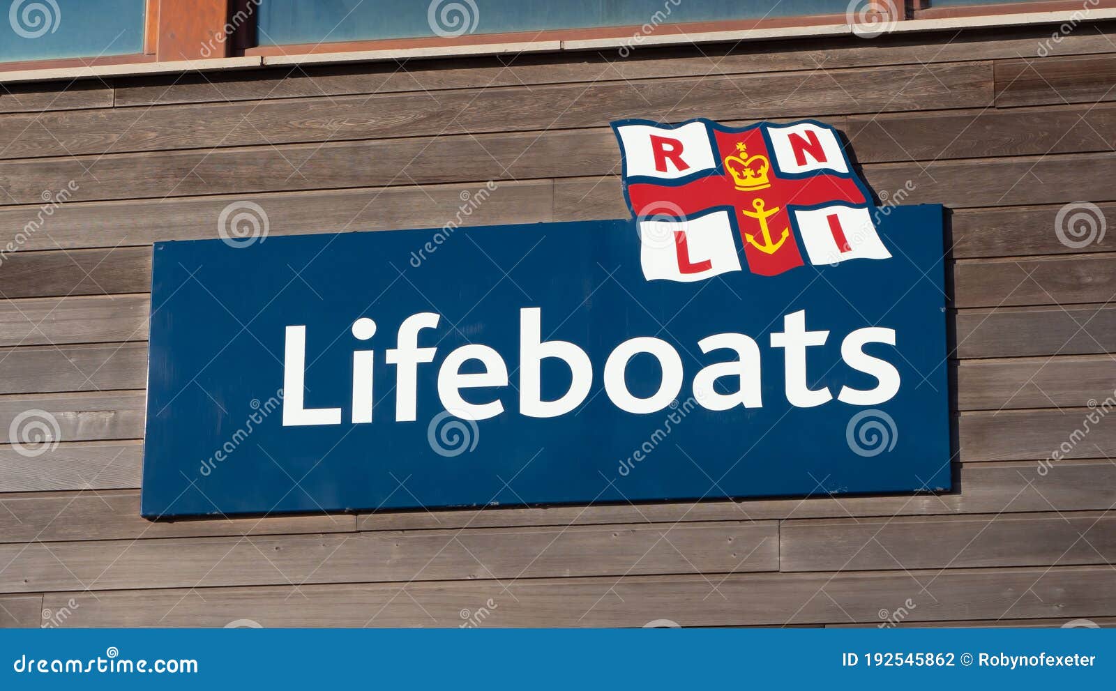 Exmouth, UK - August 03 2020: RNLI Lifeboats sign on the Lifeboat station on the seafront