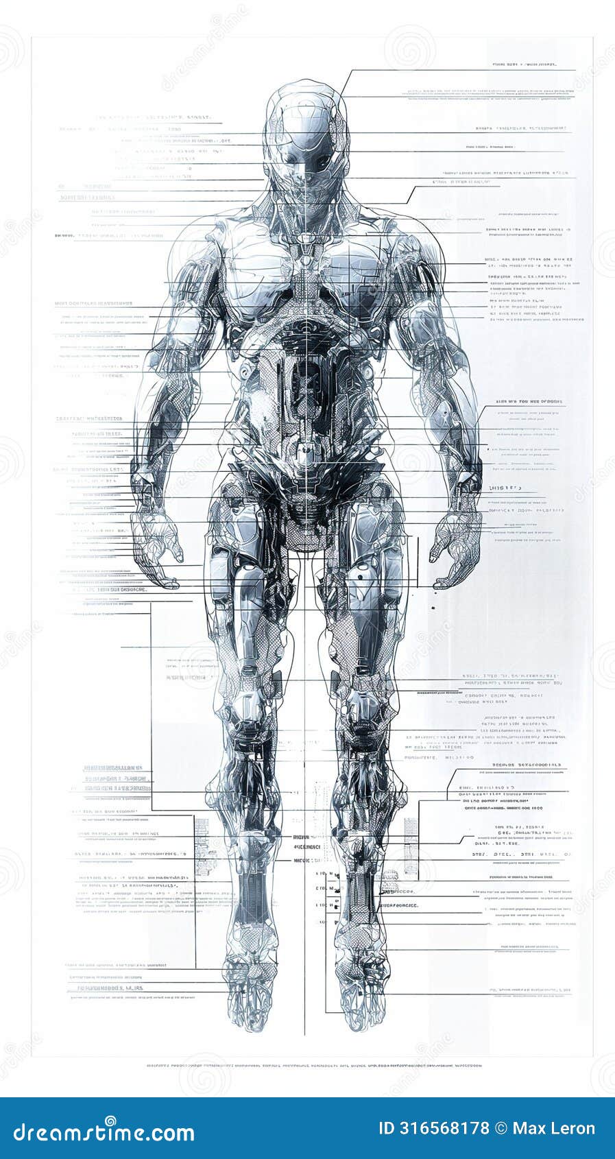 exoskeleton mobility suit for human front view military schematic diagrammatic drawing blueprint
