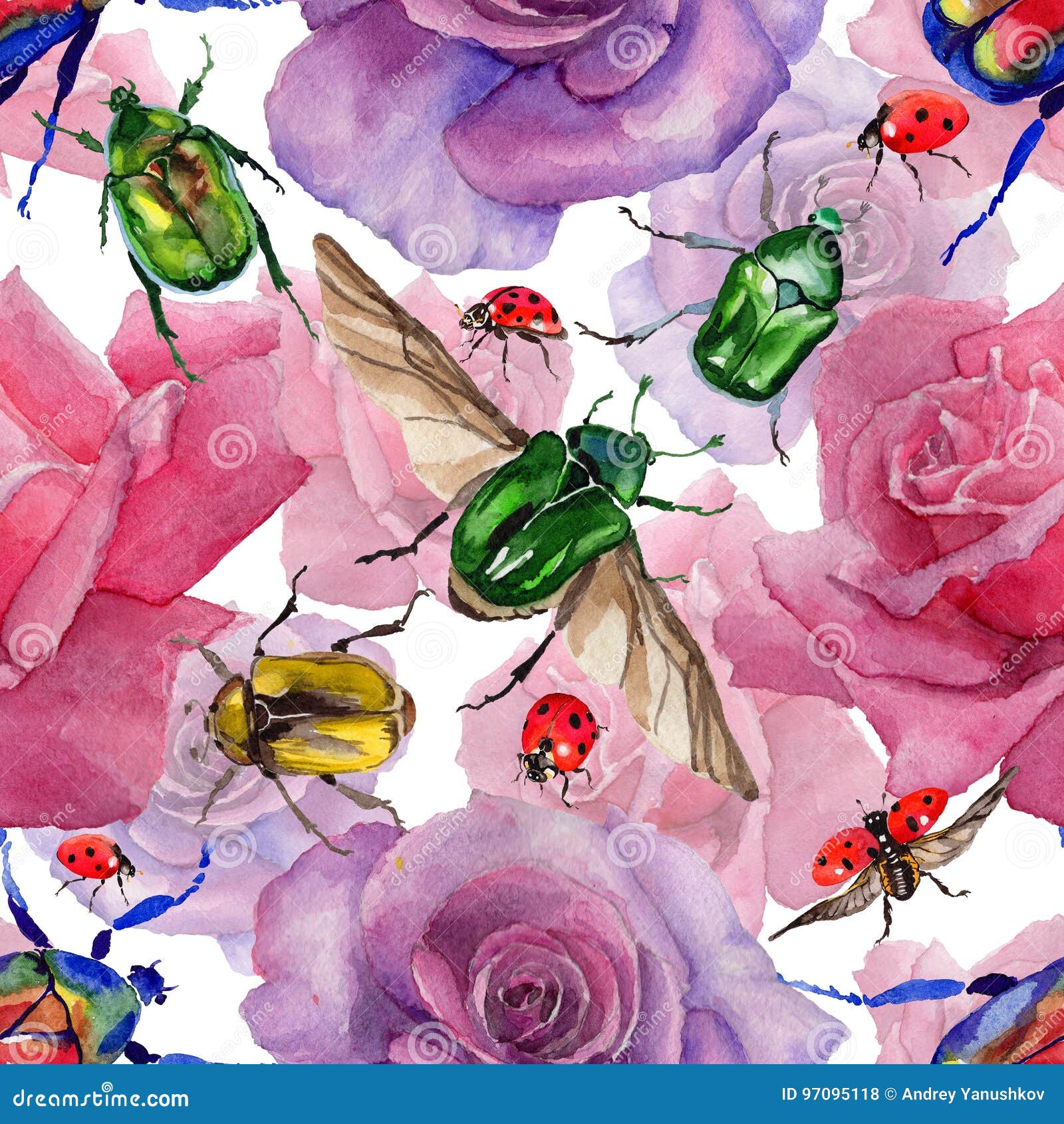 exotic beetle bronzovka wild insect pattern in a watercolor style.
