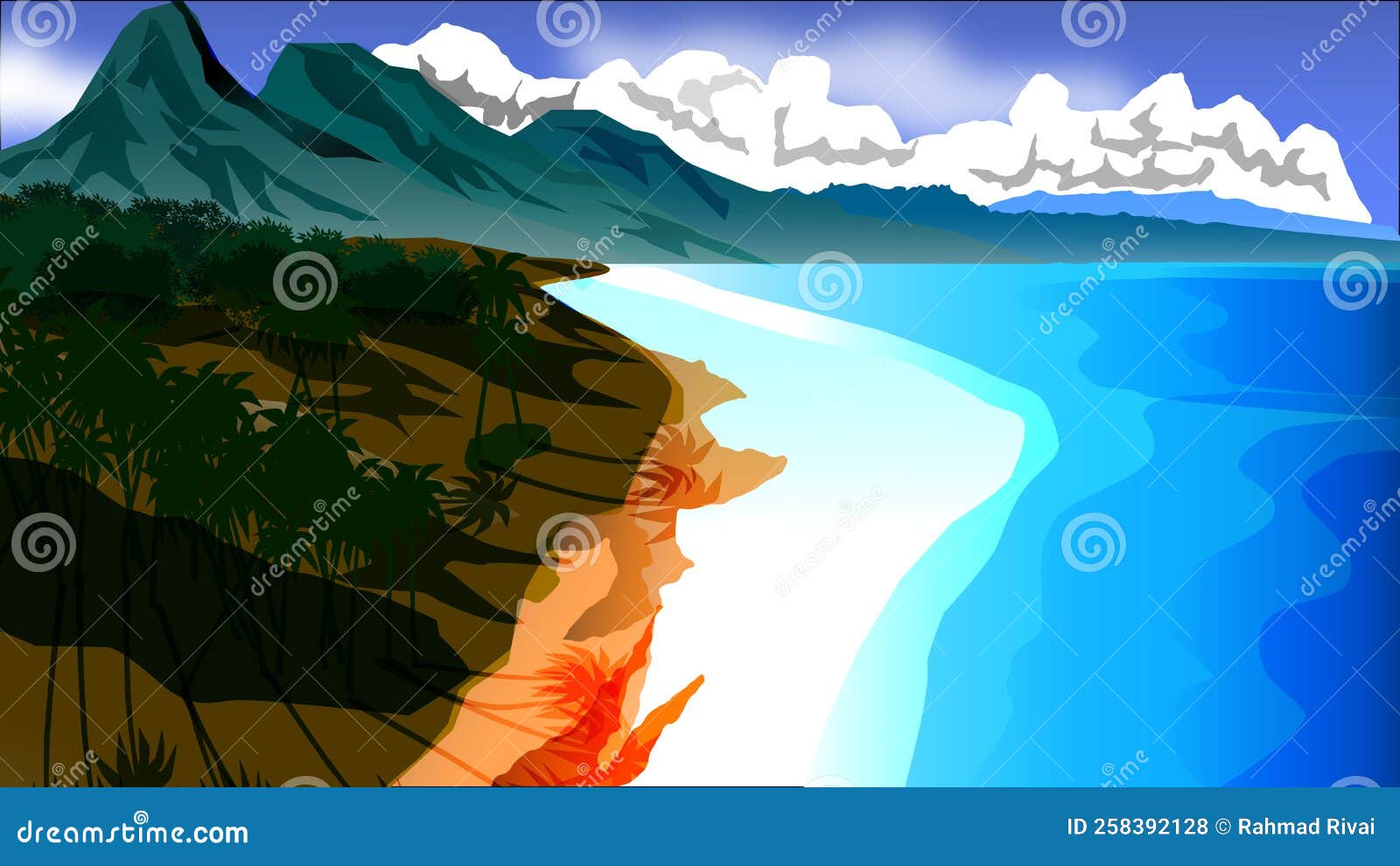 Exotic Blue Beach with Mount Stock Illustration Illustration of blue