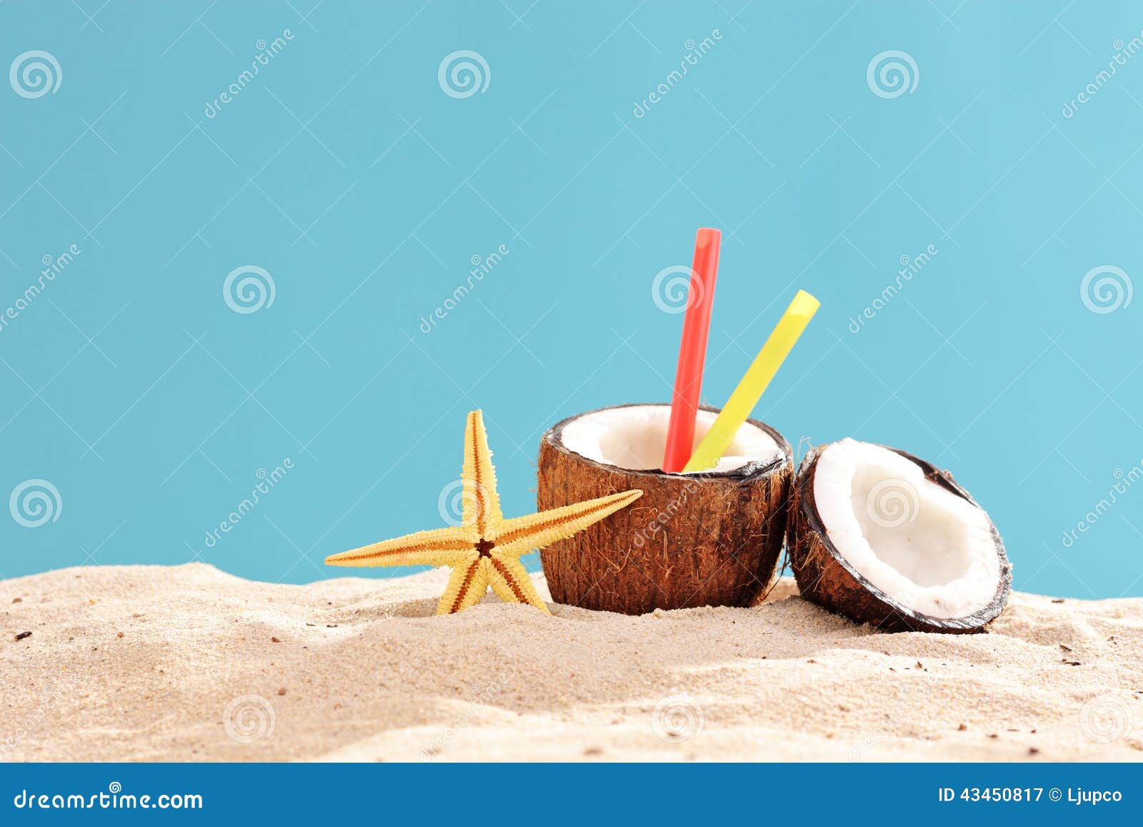 Exotic Cocktail in a Coconut Shell on a Sandy Surface Stock Image