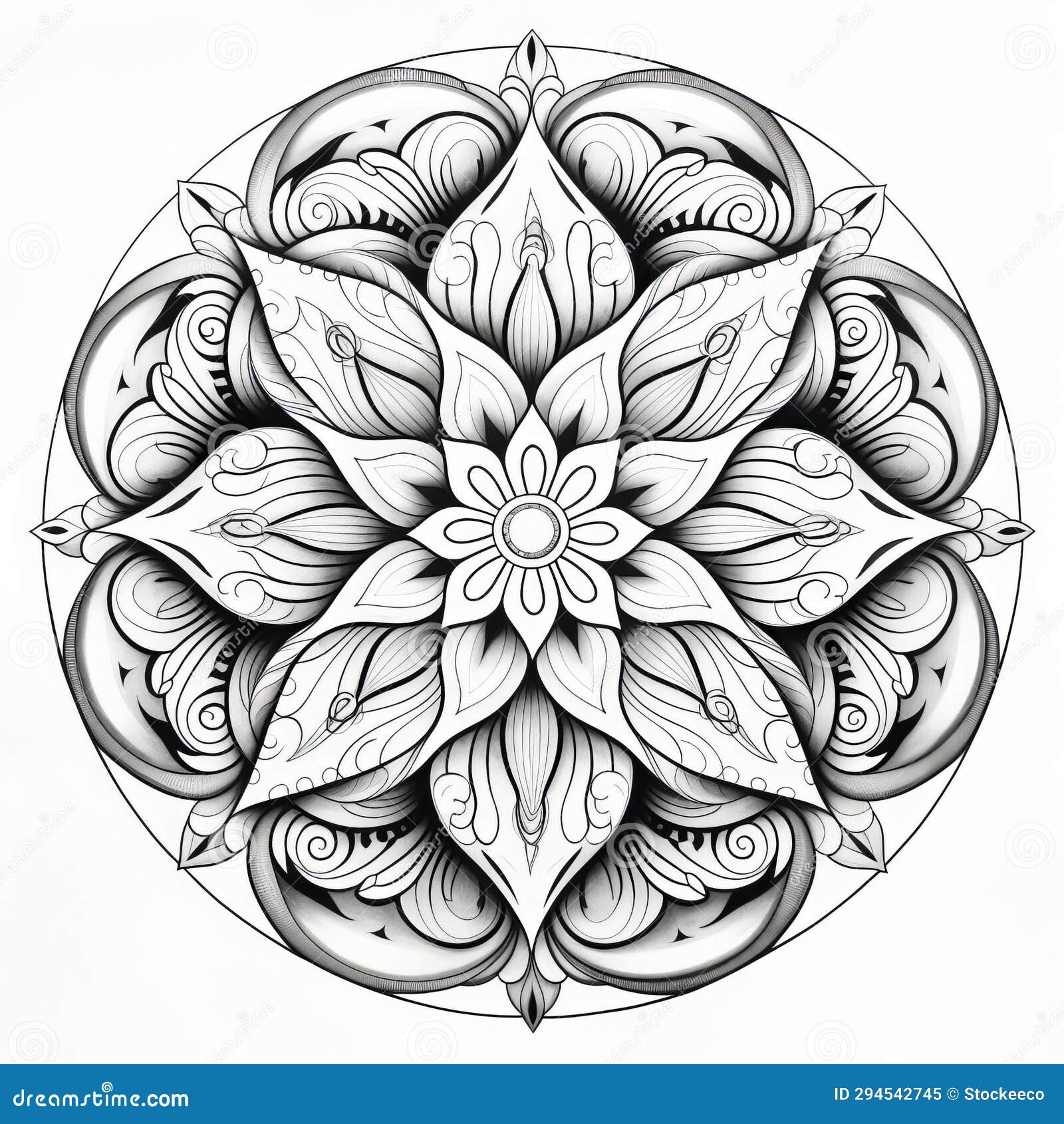 Realistic Mandala Coloring Page with Fantasy Elements Stock ...