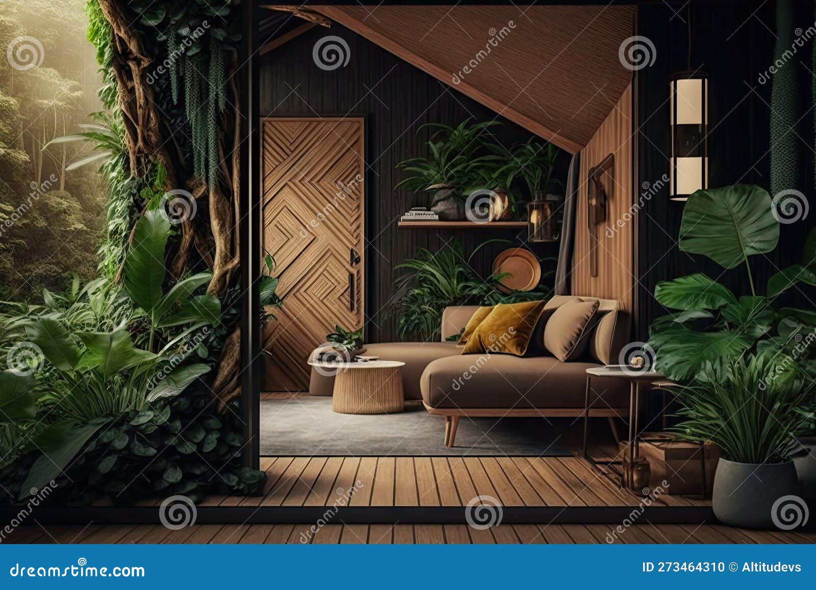 Exotic Interior of Hut in Jungle Interior Design with Wooden Walls and