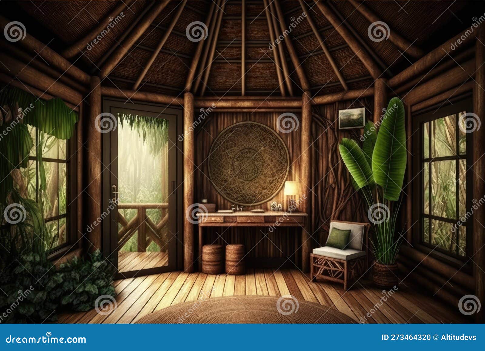 Exotic Interior of Hut in Jungle Interior Design with Wooden Walls and ...