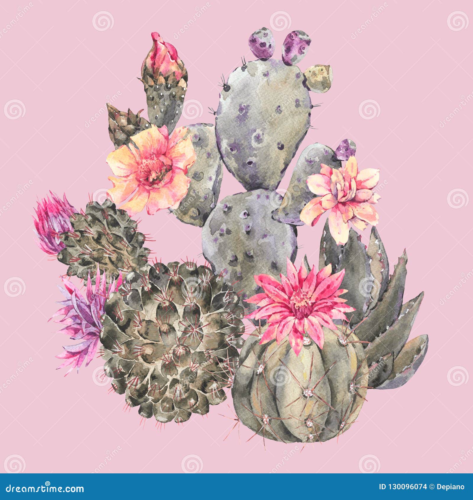 exotic natural vintage watercolor blooming cactus greeting card