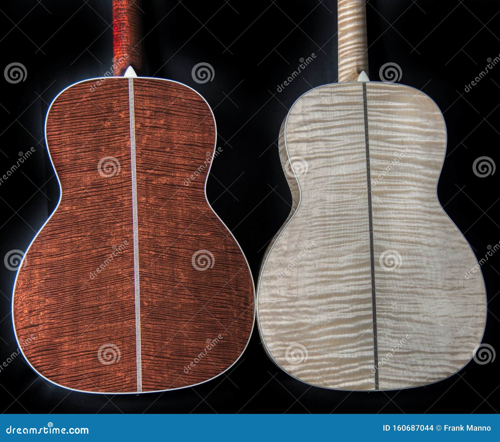 exotic, rare and figured wood on the backs of acoustic guitars - flamed maple figured tiger mahogany