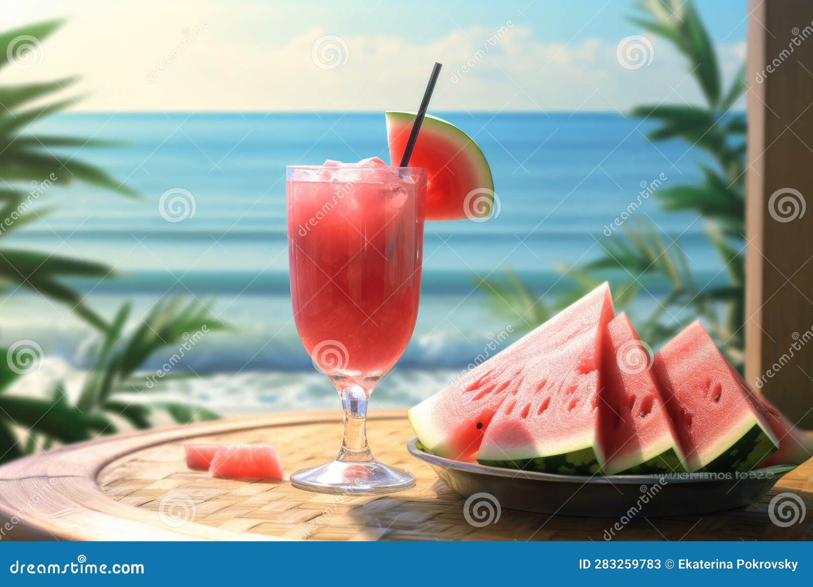 Exotic Watermelon Smoothie on Beach Resort Stock Illustration