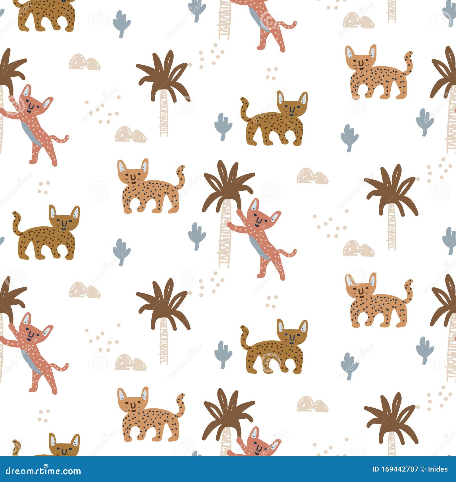 exotic wild cat seamless pattern with abstract trees. hand drawn cute   texture.