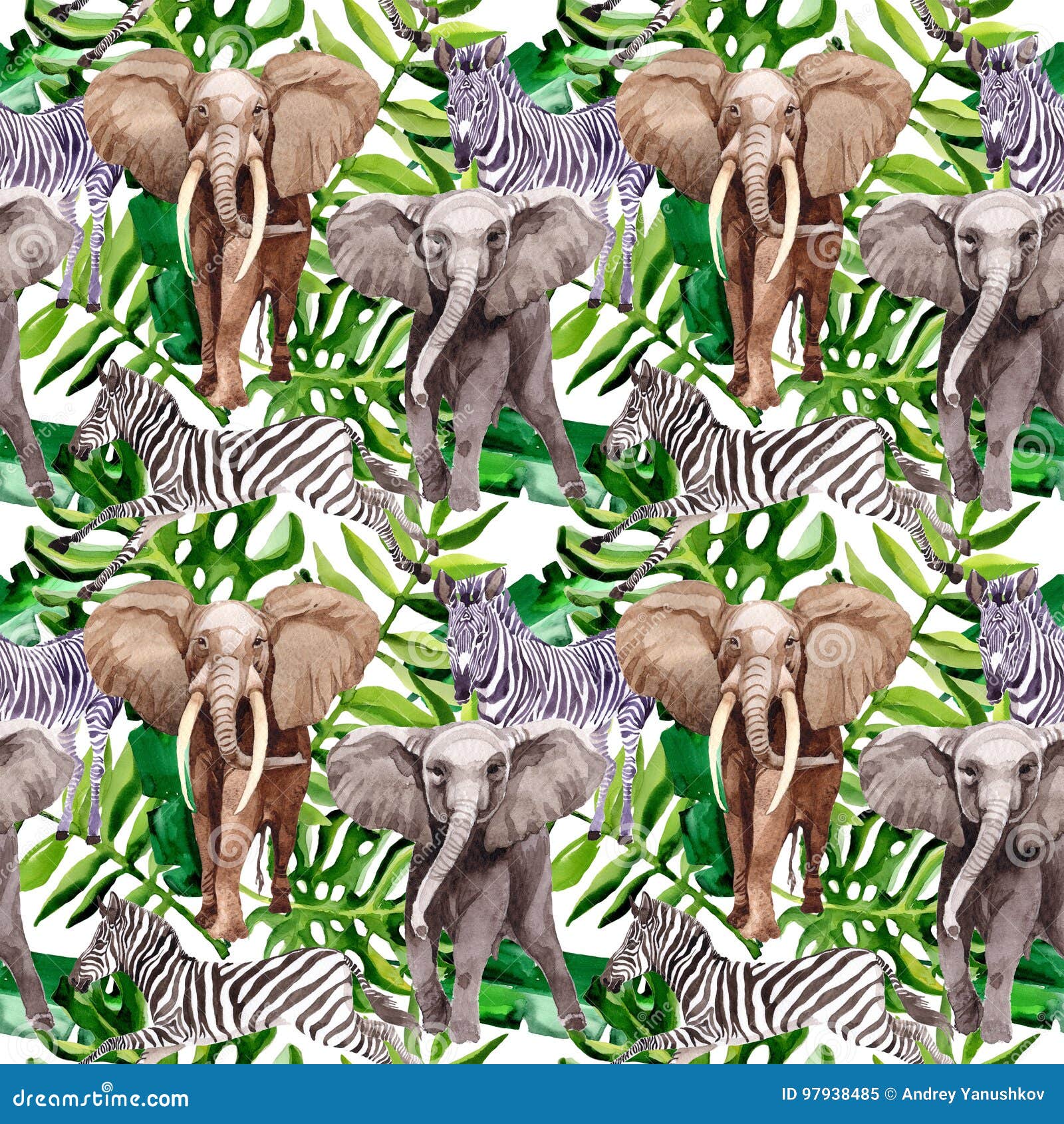 Exotic Zebra and Elephant Wild Animals Pattern in a Watercolor Style. Stock Illustration - Illustration of animal, leaf: 97938485 Exotic Zebra and Elephant Wild Animals Pattern in a Watercolor Style. Stock Illustration - Illustration of animal, leaf: 97938485