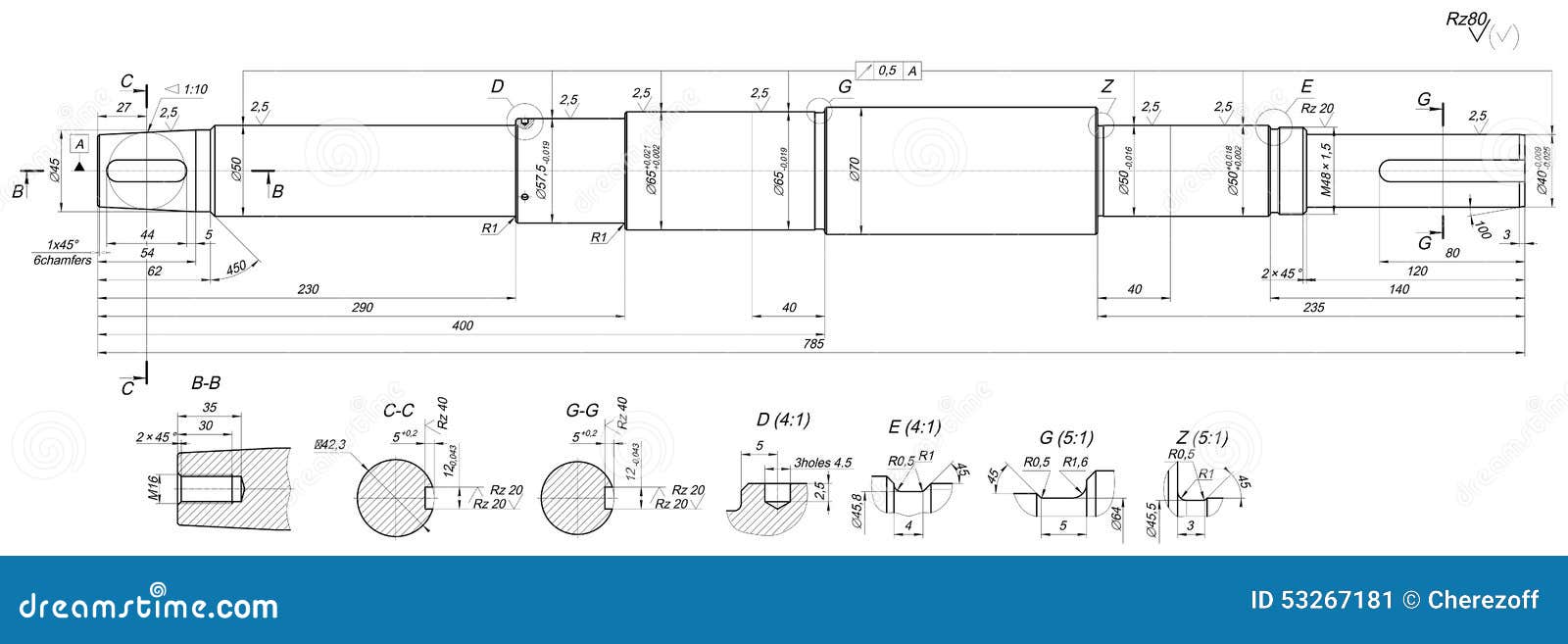 Expanded Shaft Sketch with Chamfers and Hatching Stock Vector