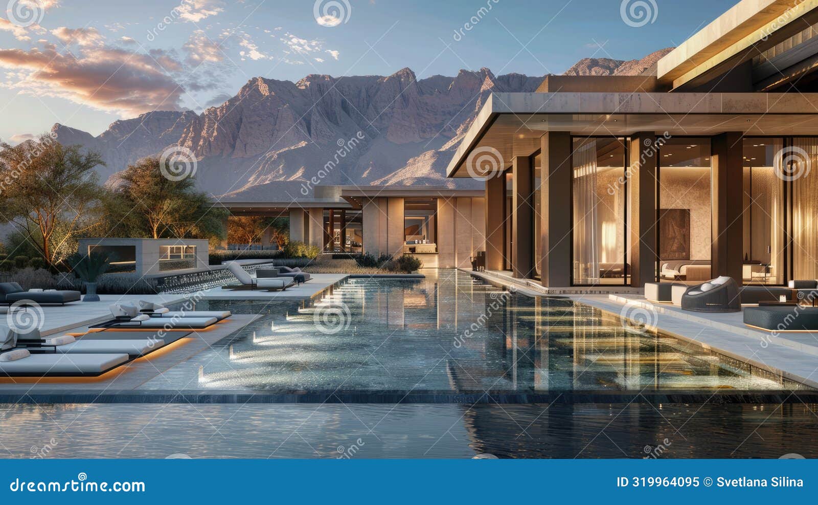 expansive poolside of grandiose luxury residence with water features and mountain backdrop. luxury villa with swimming