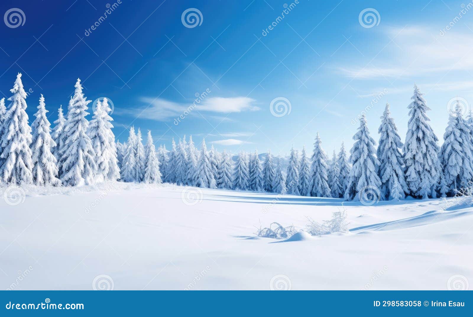 expansive snowy landscape with towering frost-laden fir trees under a brilliant blue sky, bathed in sunlight