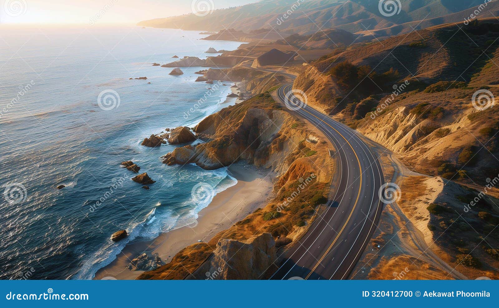 expansive vista showcasing a pristine coastal road alongside azure waters