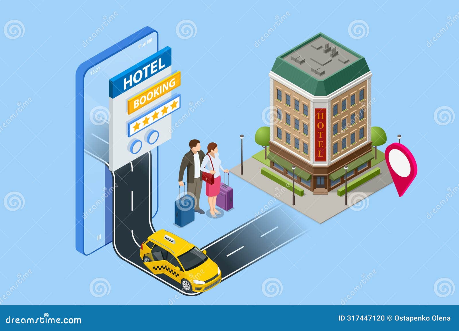 expensive hotel entrance. isometric online hotel booking concept. people booking hotel and search reservation for