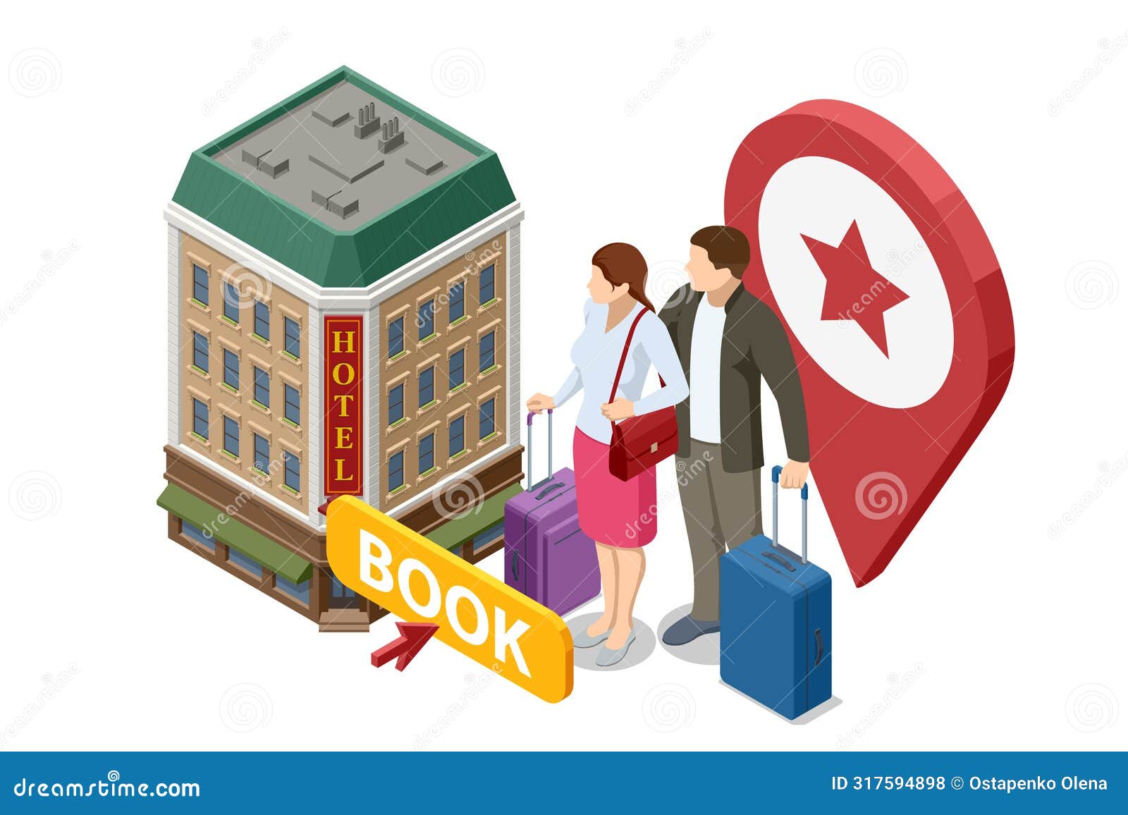 expensive hotel entrance. isometric online hotel booking concept. people booking hotel and search reservation for