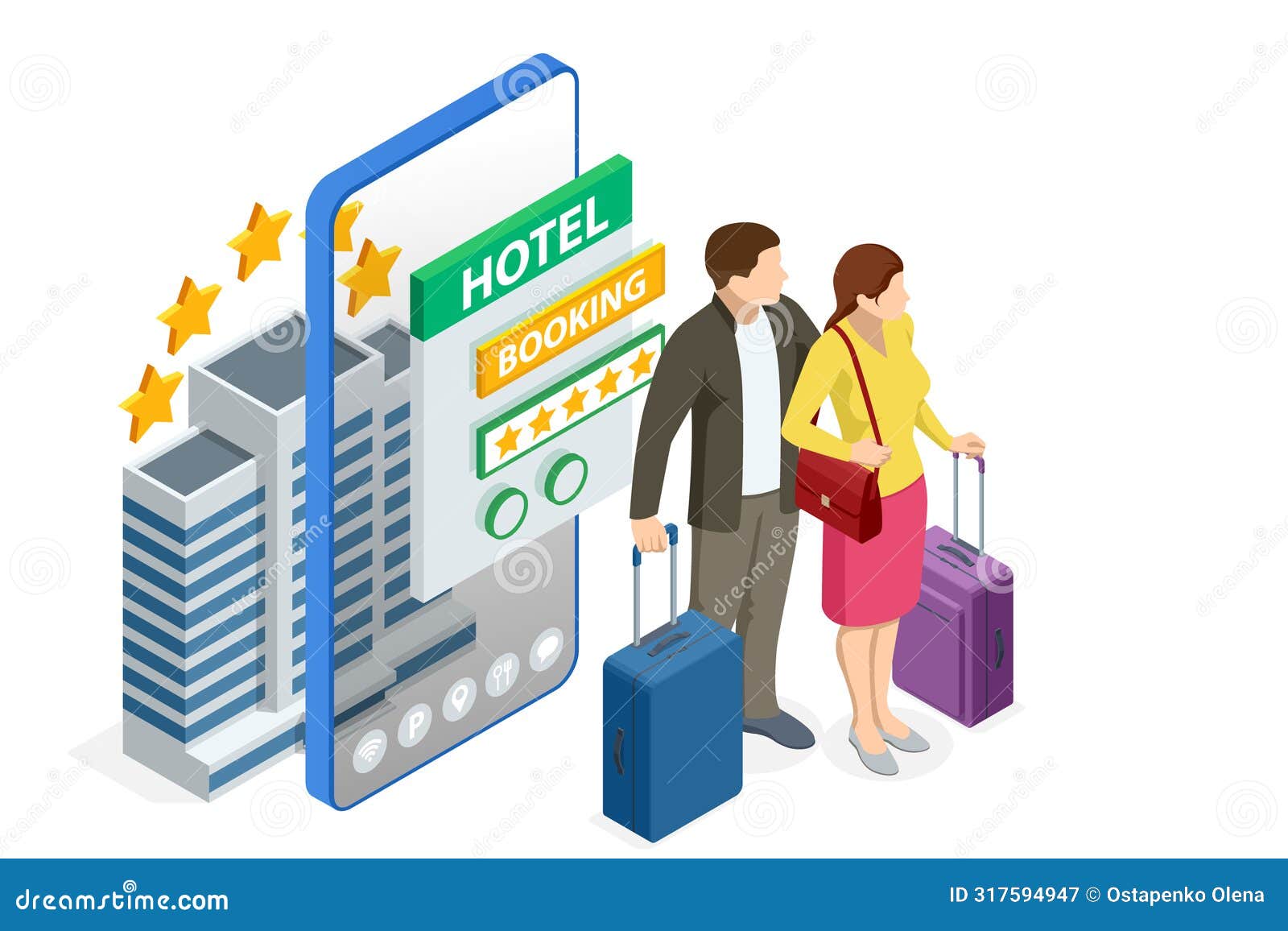 expensive hotel entrance. isometric online hotel booking concept. people booking hotel and search reservation for