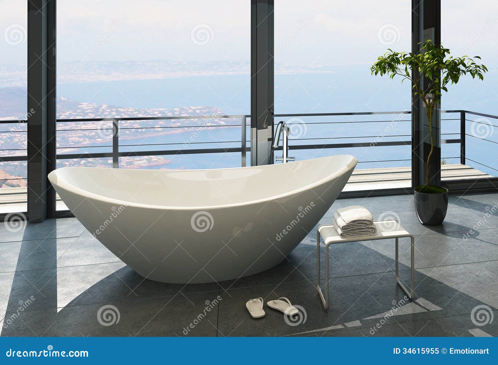 Expensive Luxury Bathtub Against Panoramic Window with Seascape View