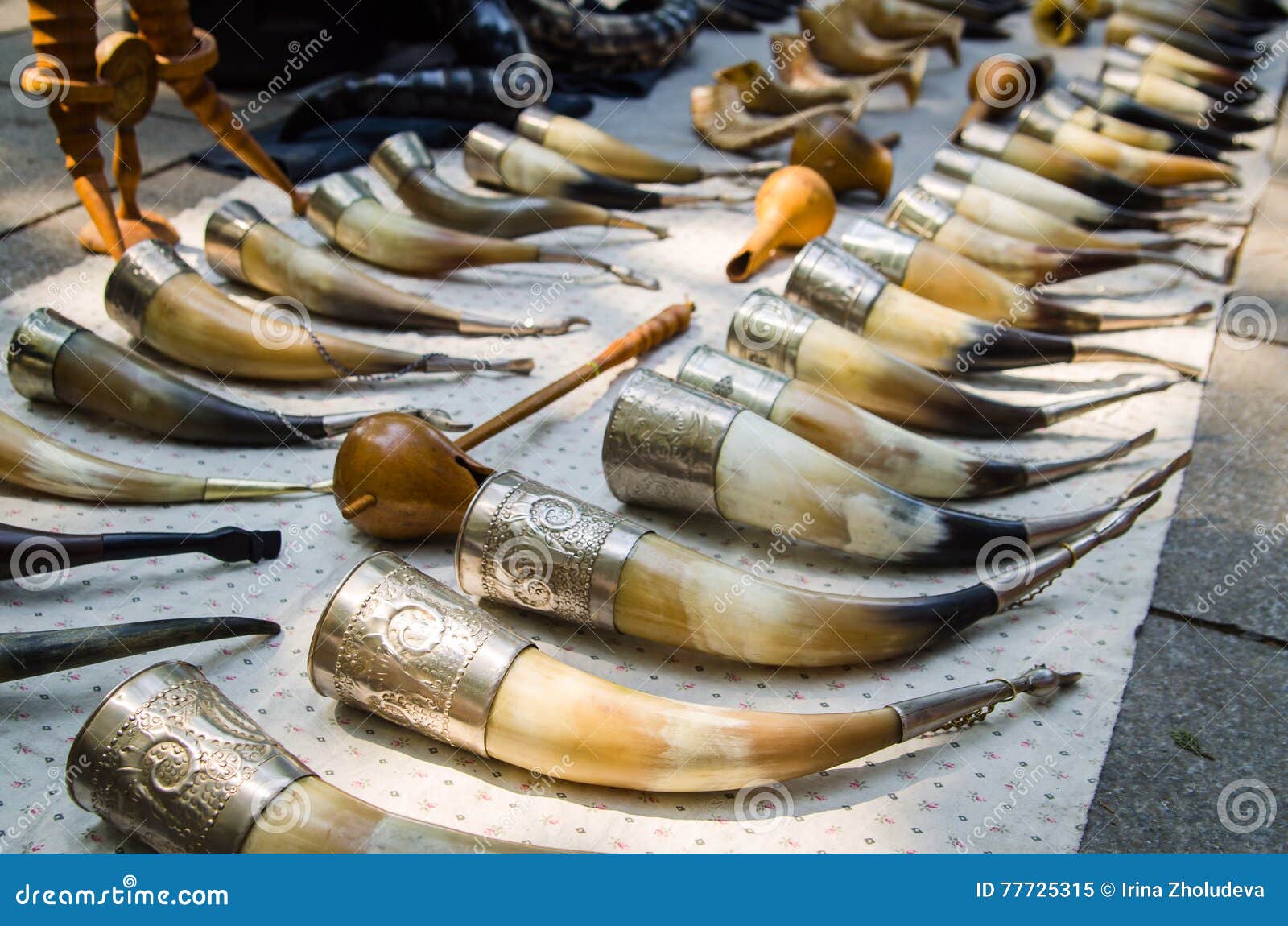 Expensive, Old and Curved Drinking Horns on the Flea Market, Geogria