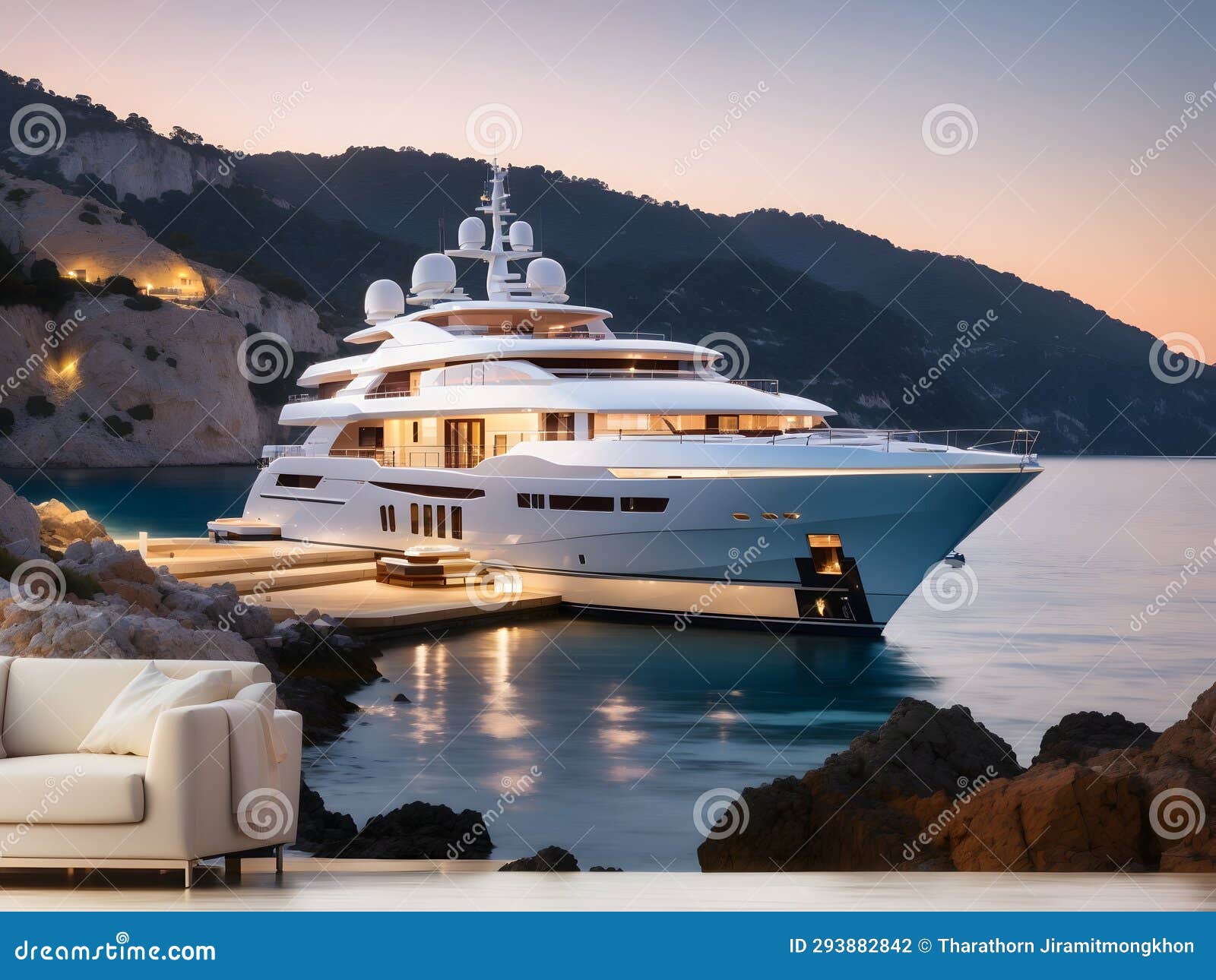 twilight tranquility: modern megayacht aglow in a scenic harbor