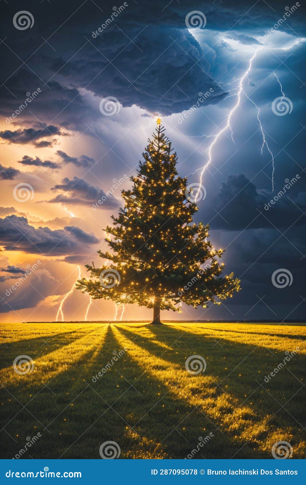 Bright Christmas Tree in a Large Field with Dark Clouds and Lightning