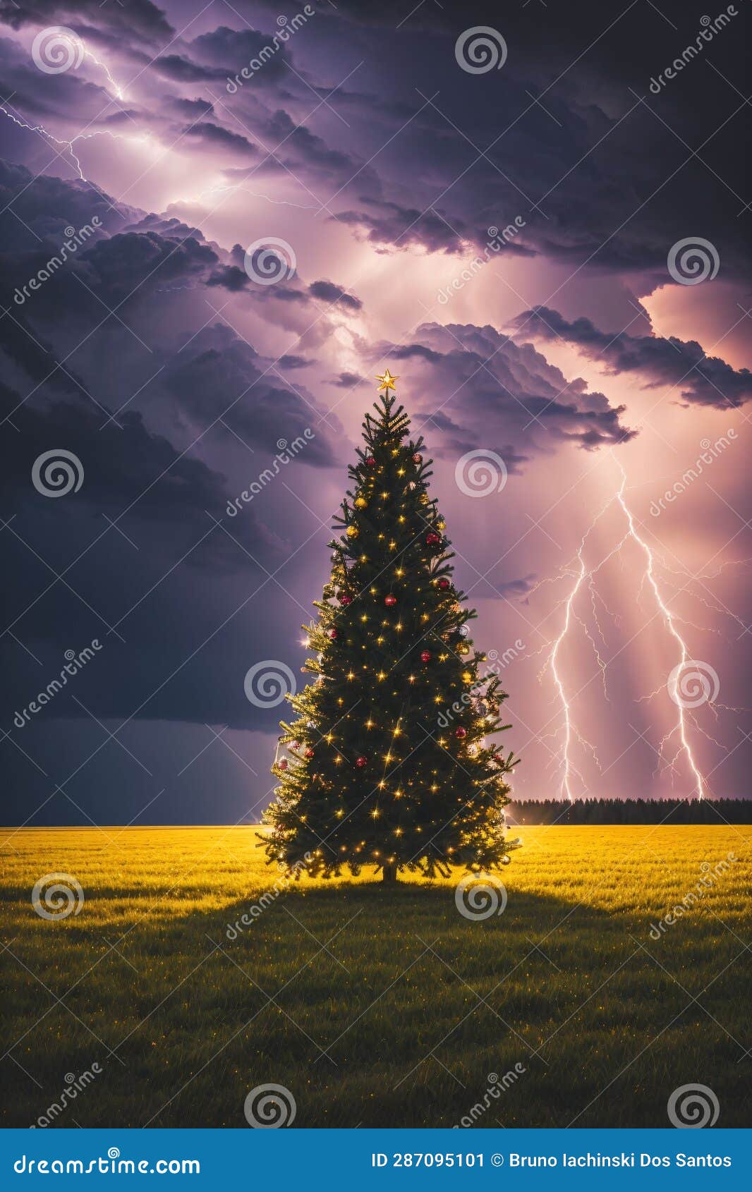 Bright Christmas Tree in a Large Field with Dark Clouds and Lightning
