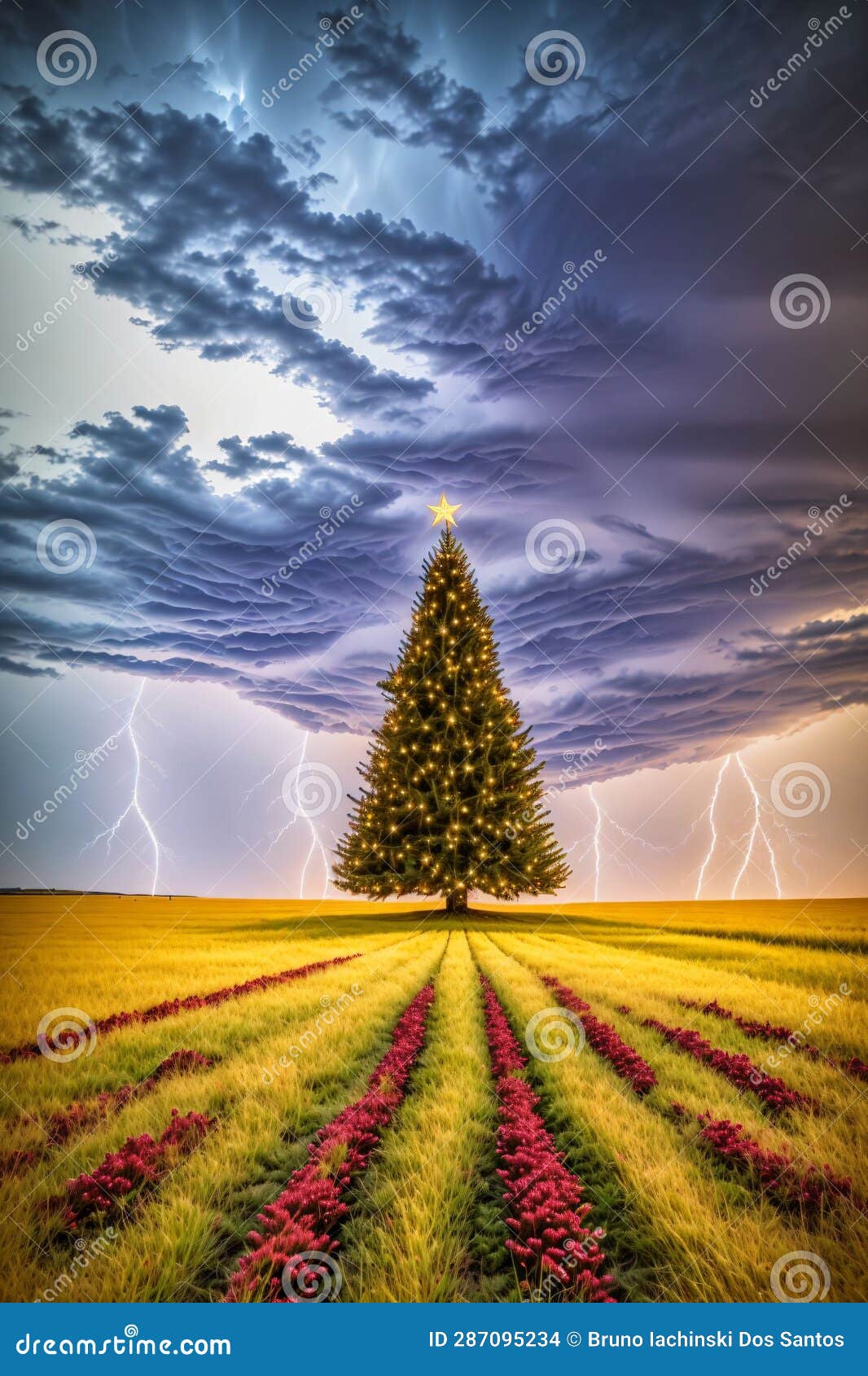 Bright Christmas Tree in a Large Field with Dark Clouds and Lightning