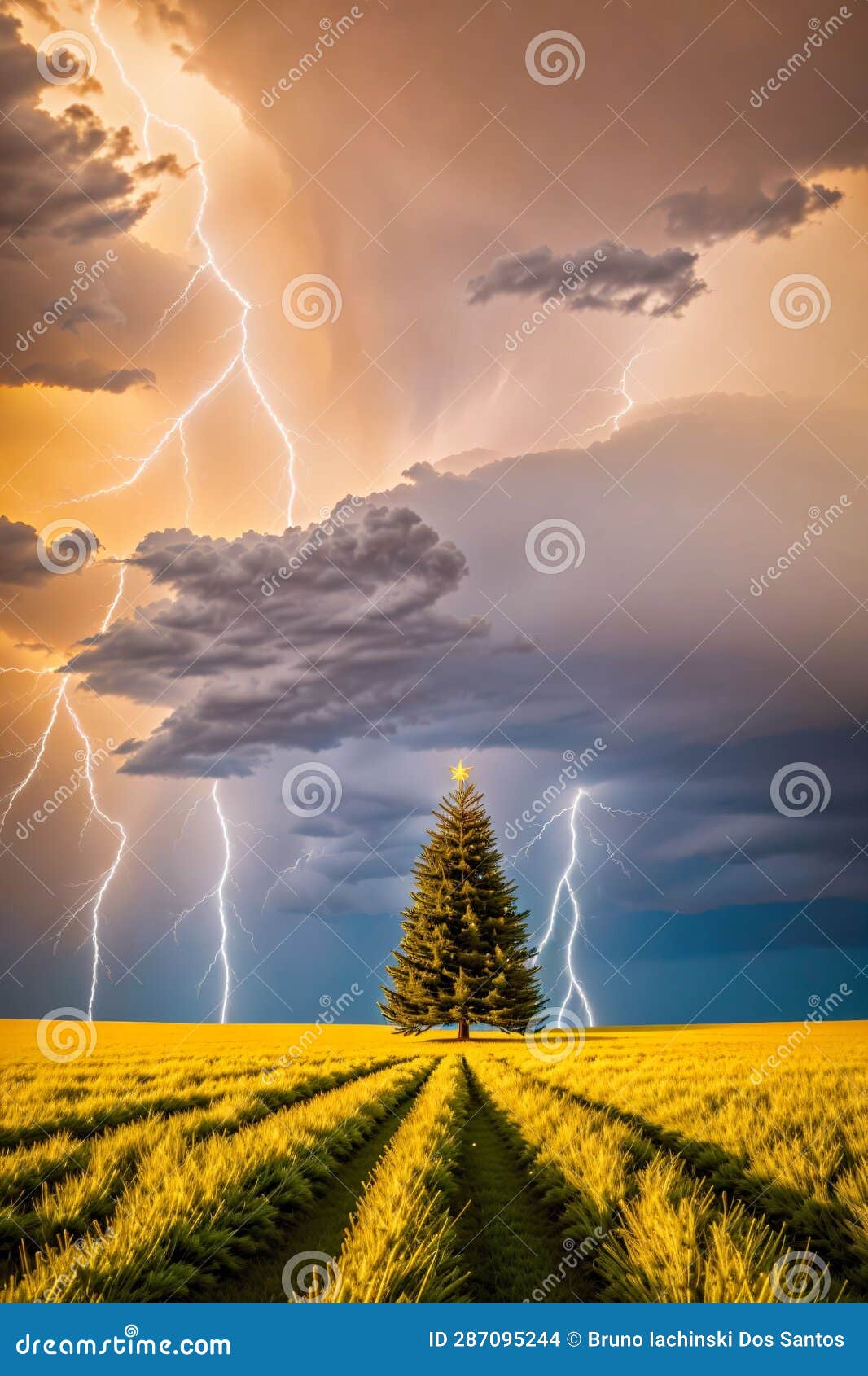 Bright Christmas Tree in a Large Field with Dark Clouds and Lightning