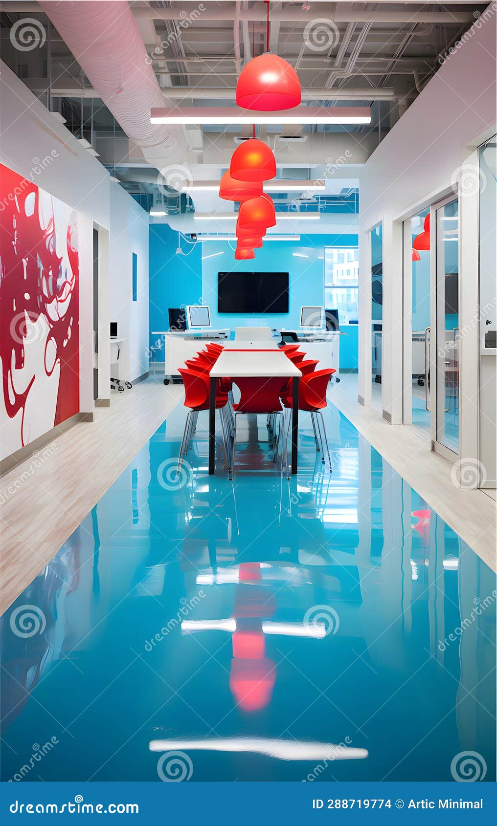 Modern Office with Red and Blue Themed Interior Design Stock