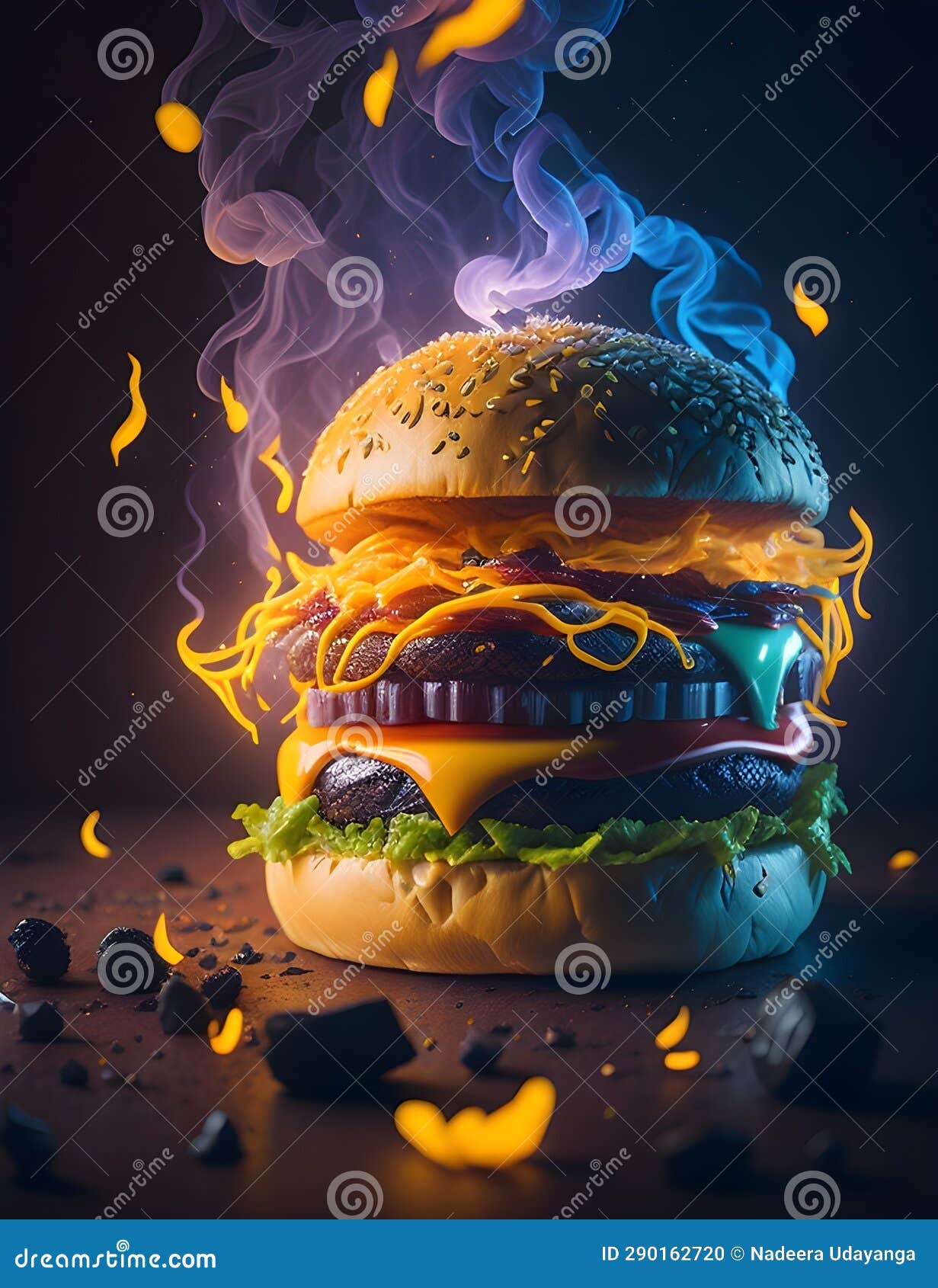 smoky fire fantasy burger delicious hamburger with flaming lights wallpaper background art