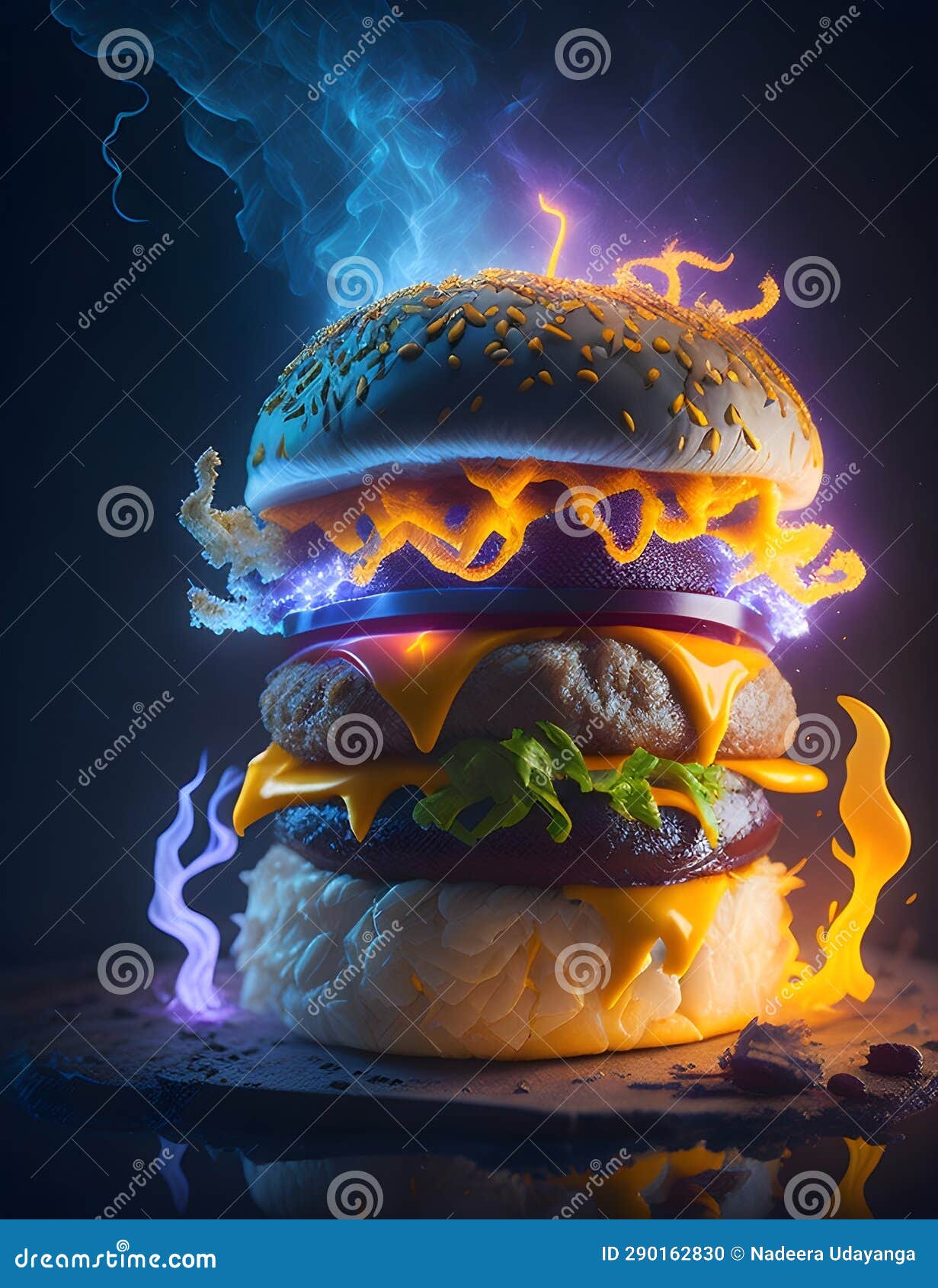 smoky fire fantasy burger delicious hamburger with flaming lights wallpaper background art