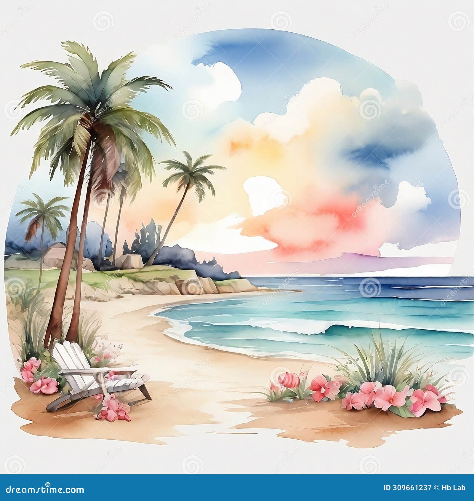 watercolor beach, colorfully, generative ai