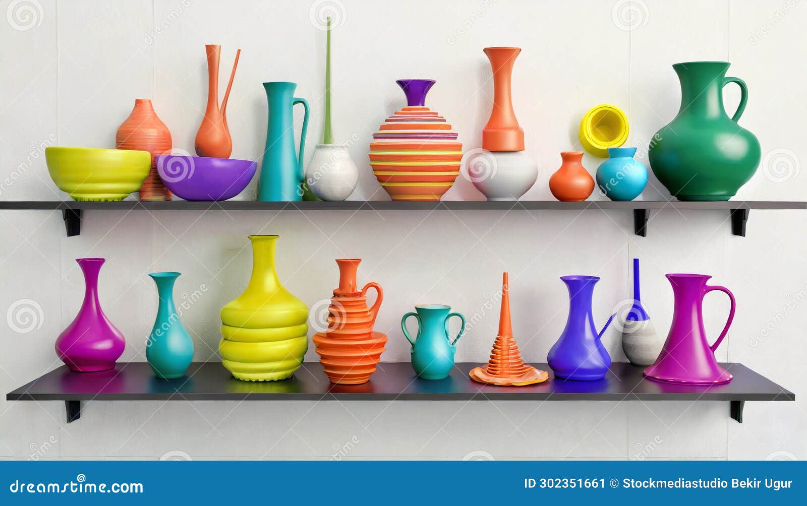 experimental pottery shelf with colorful objects - 3d render