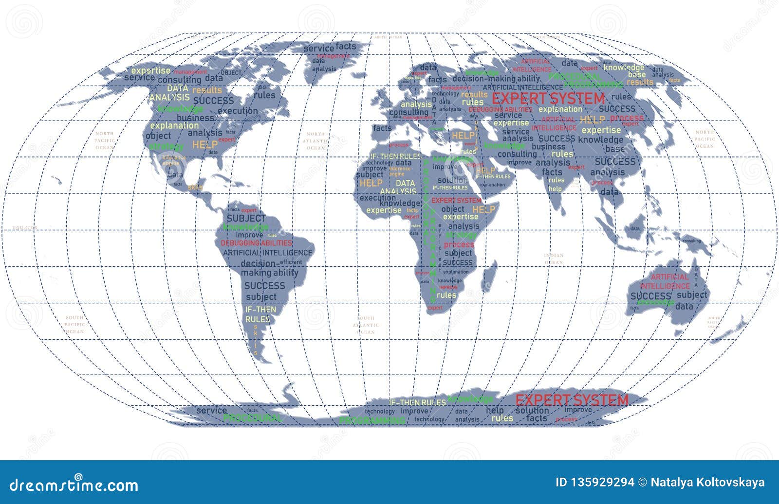 expert systems banner with world map and lettering. idea, concept, notion, thought, message, insight