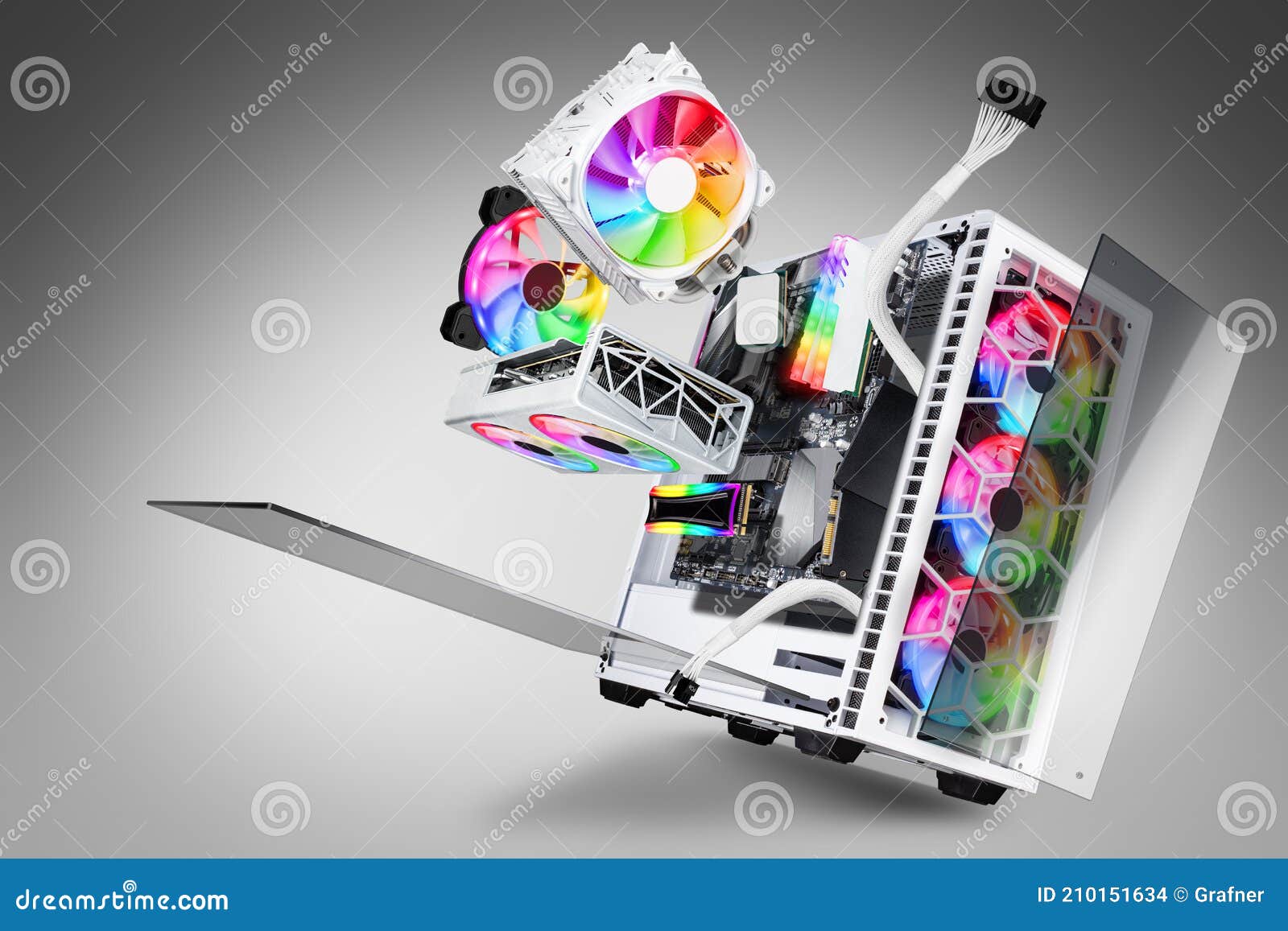 exploded view of white gaming pc computer with glass windows and rainbow rgb led lights. flying hardware components abstract