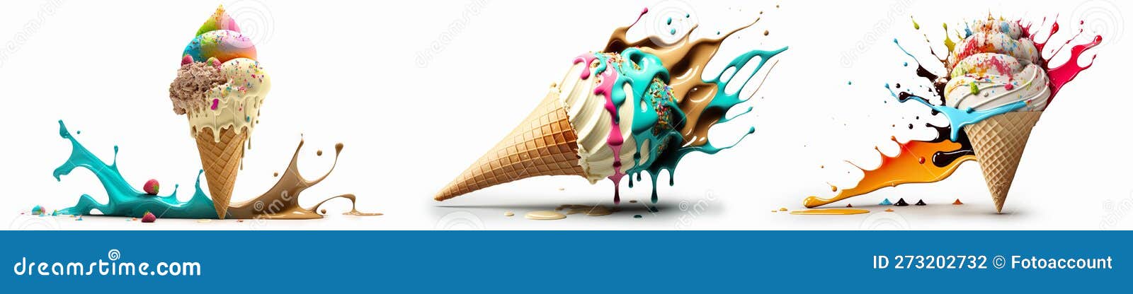 Exploding Colorful Splash Ice Cream Collection with Waffle on White ...