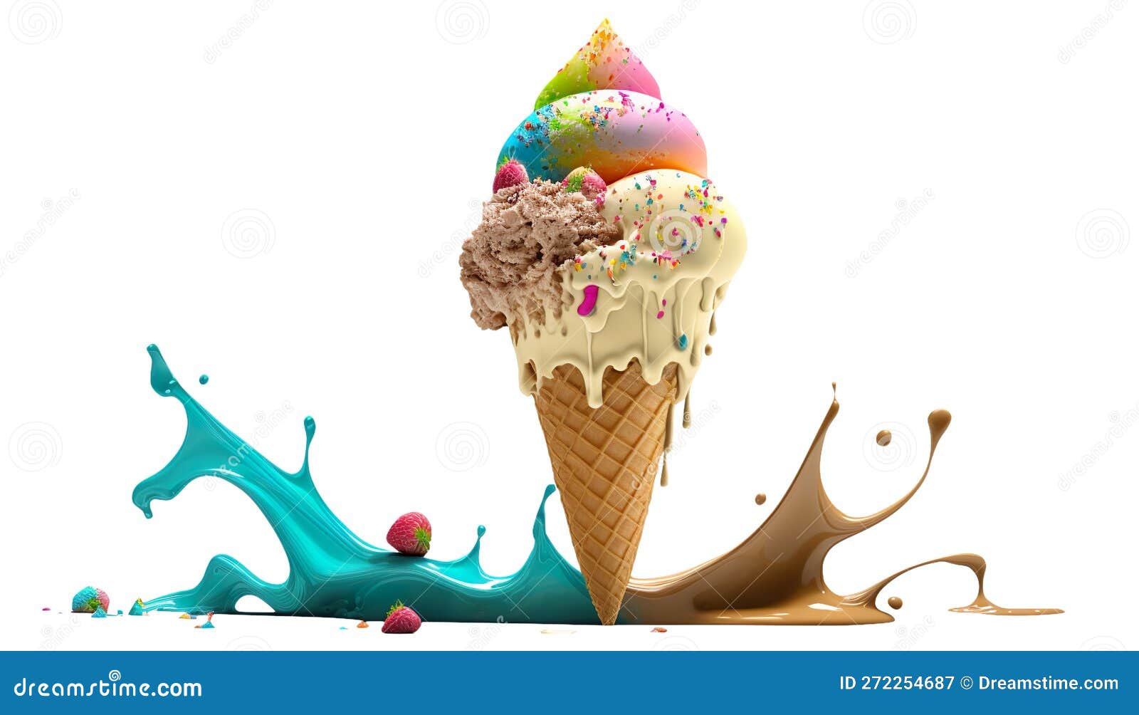 Exploding Colorful Splash Ice Cream with Waffle Generative AI Stock